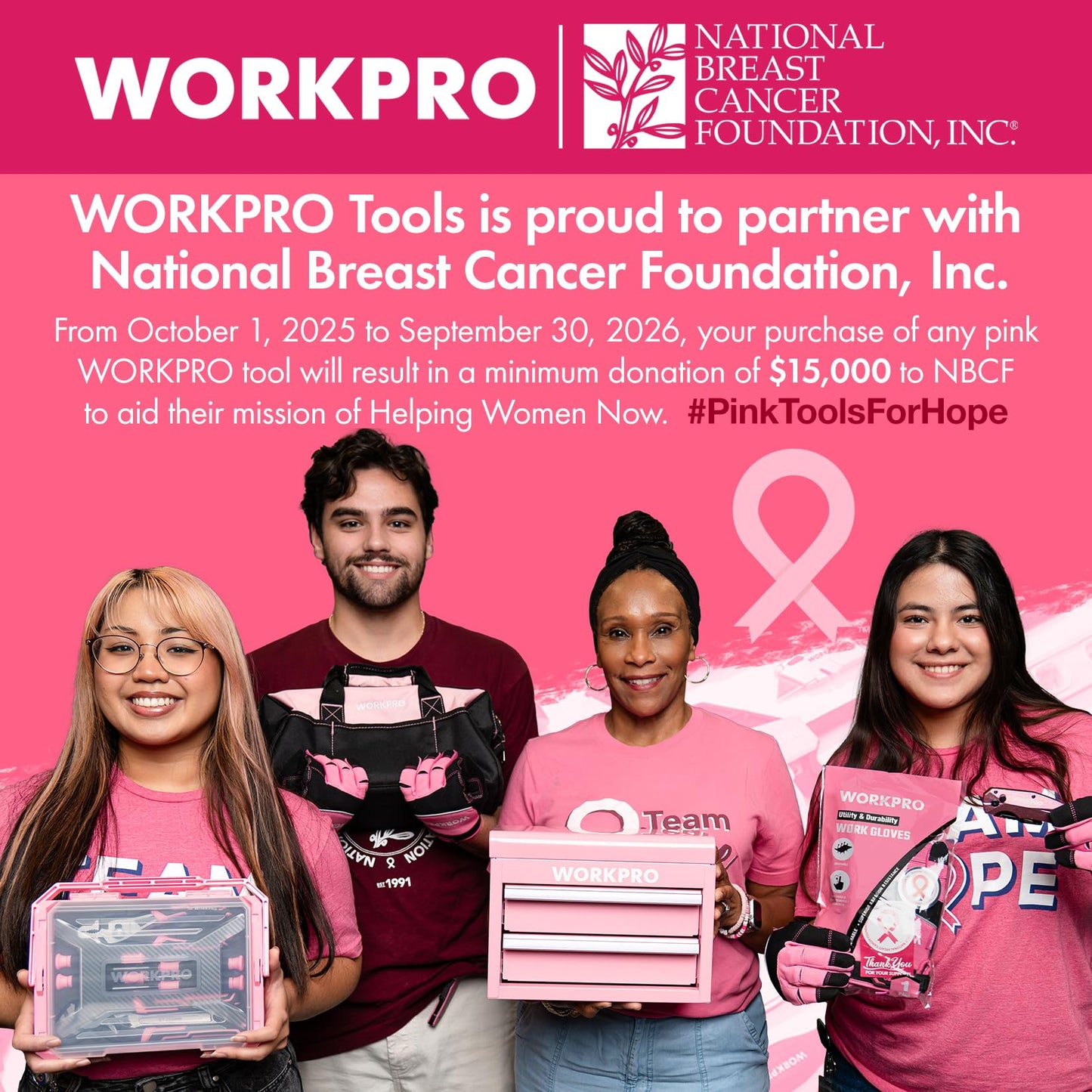 WORKPRO 53-Piece Pink Tool set with Electric Cordless Screwdriver, Basic Tool Kit Set for Women with 13'' Portable Tool Bag for DIY Home Repair/Maintenance - Pink Ribbon