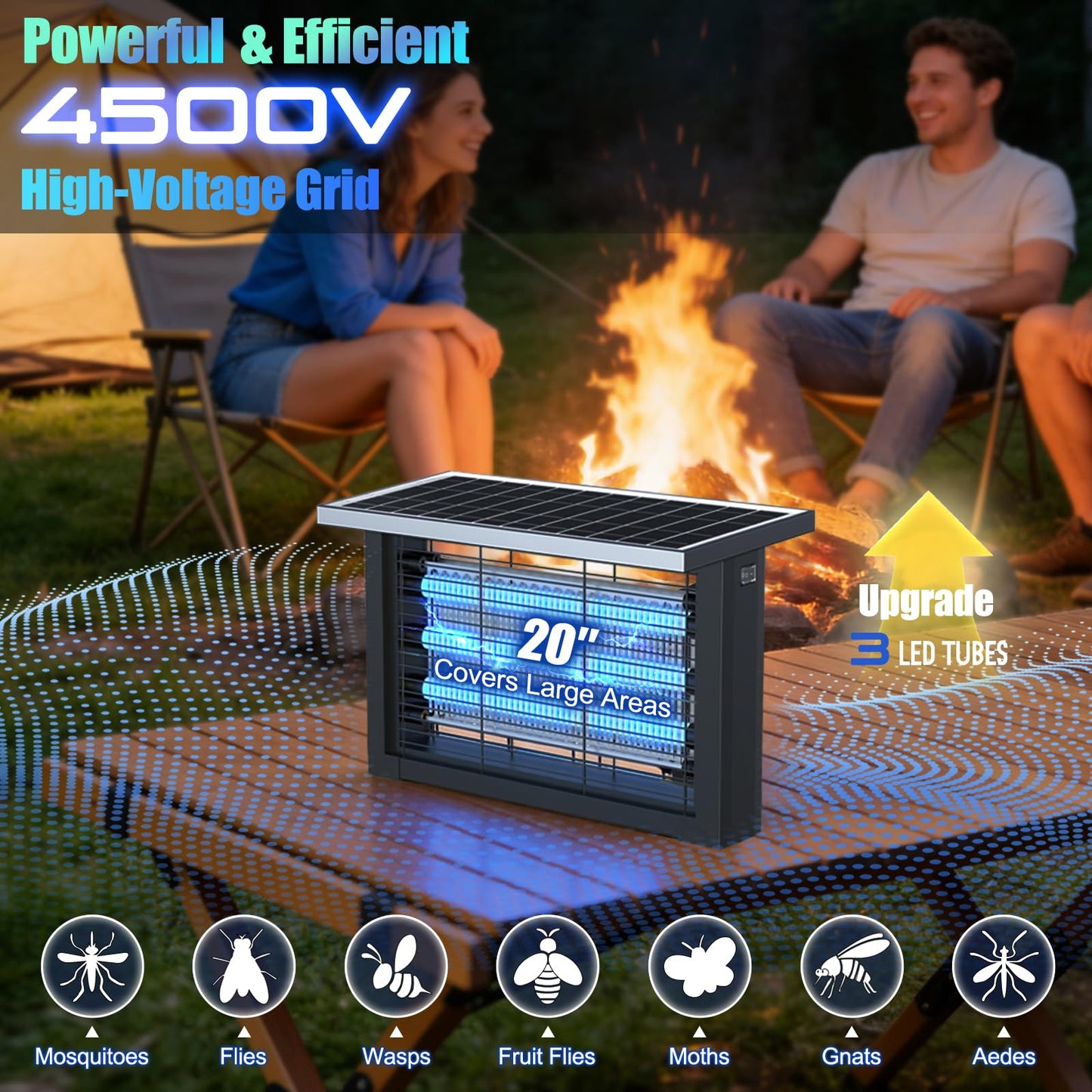 Solar Bug Zapper Outdoor, Upgrade 3-Tube 4500V Electric Mosquito Zapper, IPX6 Waterproof, Auto On/Off Rechargeable Electric Fly Insect Trap for Patio Yard Garden Camping RV