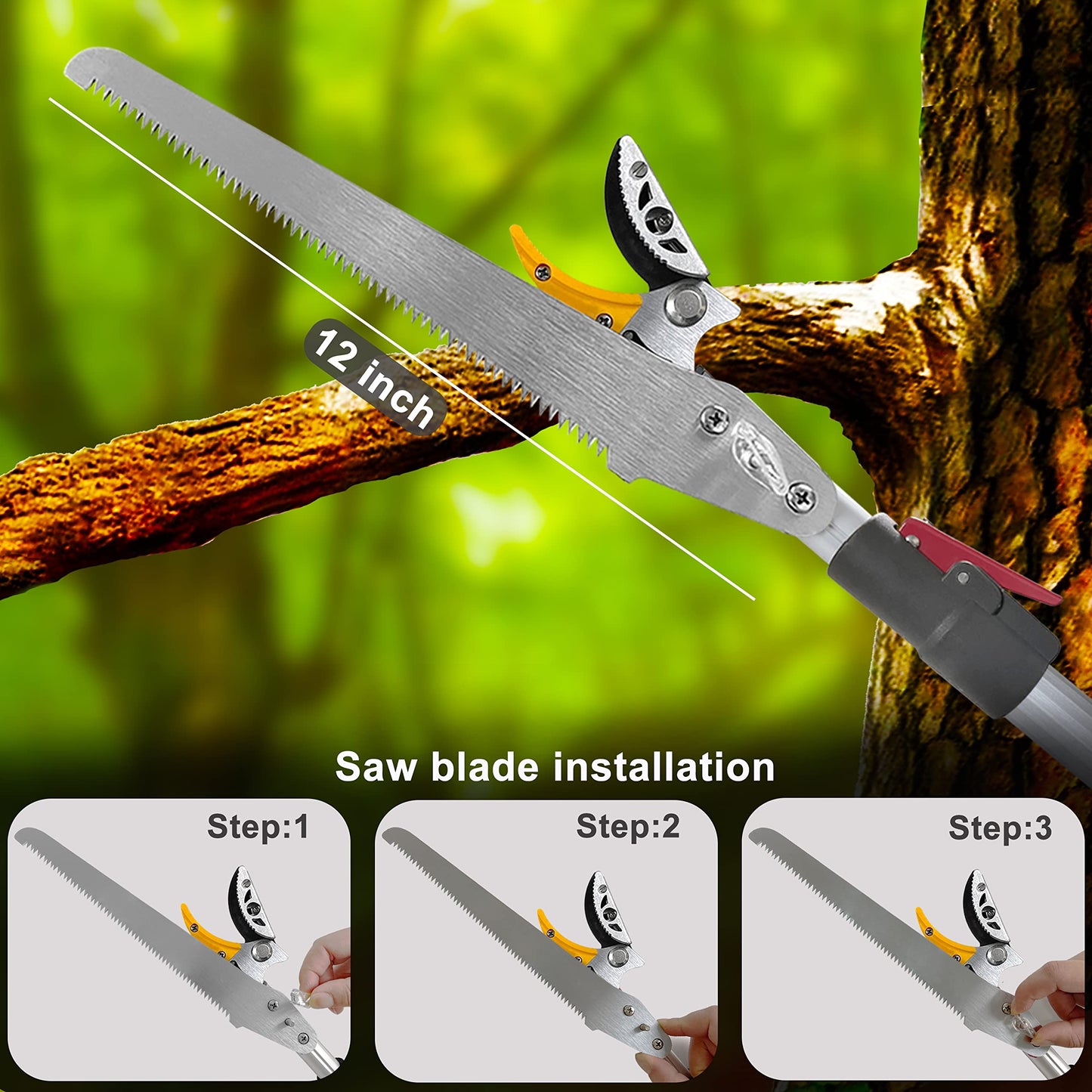 Prunrt Telescopic Tree Trimmer 5.8-10 FT with 2 Section, 4 Node Adjustable, Cut and Hold Pruner, Pole Saw Extendable, Long Handle Fruit Picker, Branch Cutter, Loppers, Clippers With Hook