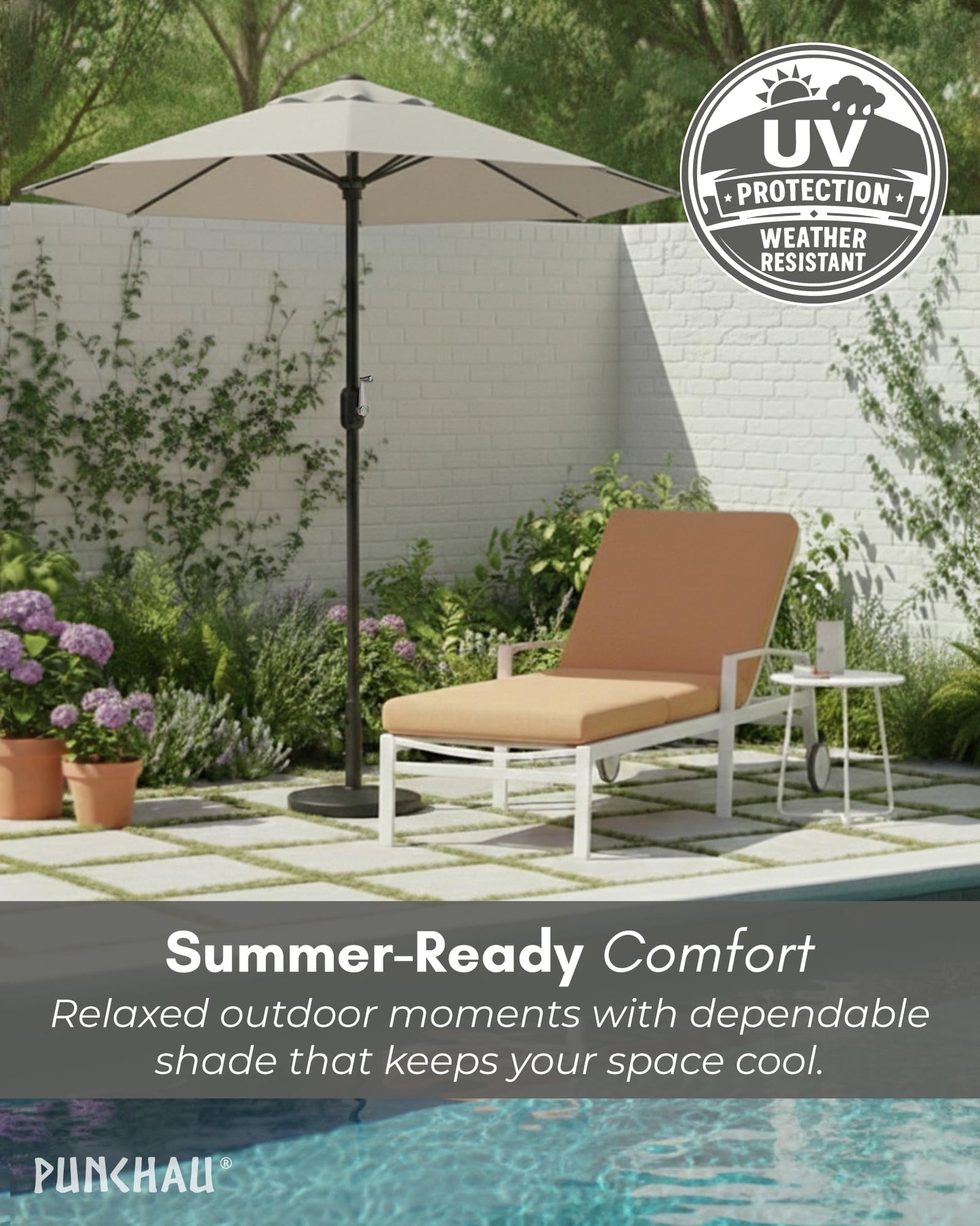 Punchau 6 Ft Outdoor Patio Umbrella - Outdoor Umbrella for Patio, Pool, Table, Garden, Deck, & Beach - Easy Open/Close Crank and Push Button Tilt Adjustment - Beige Market Umbrellas