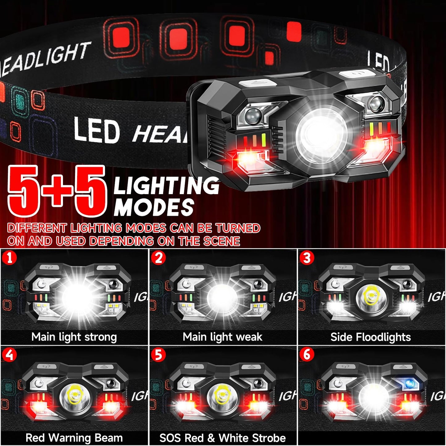 Northlet Headlamp Rechargeable 6Pack, 3000 Lumen Ultra-Light Bright Headlamp Flashlight with White Red Light, LED Headlight, 5+5 Mode for Outdoor Camping Fishing Running Hiking
