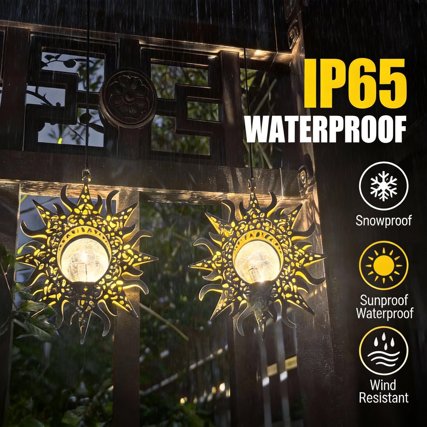 QCF Hanging Solar Sun Lights Outdoor Waterproof Decor, 2 Pack Metal Daystar Shell & Glass LED Globe Lanterns for Garden, Backyard, Balcony, Patio, Tree, Wall, Mother's Day Gifts for Women Mom