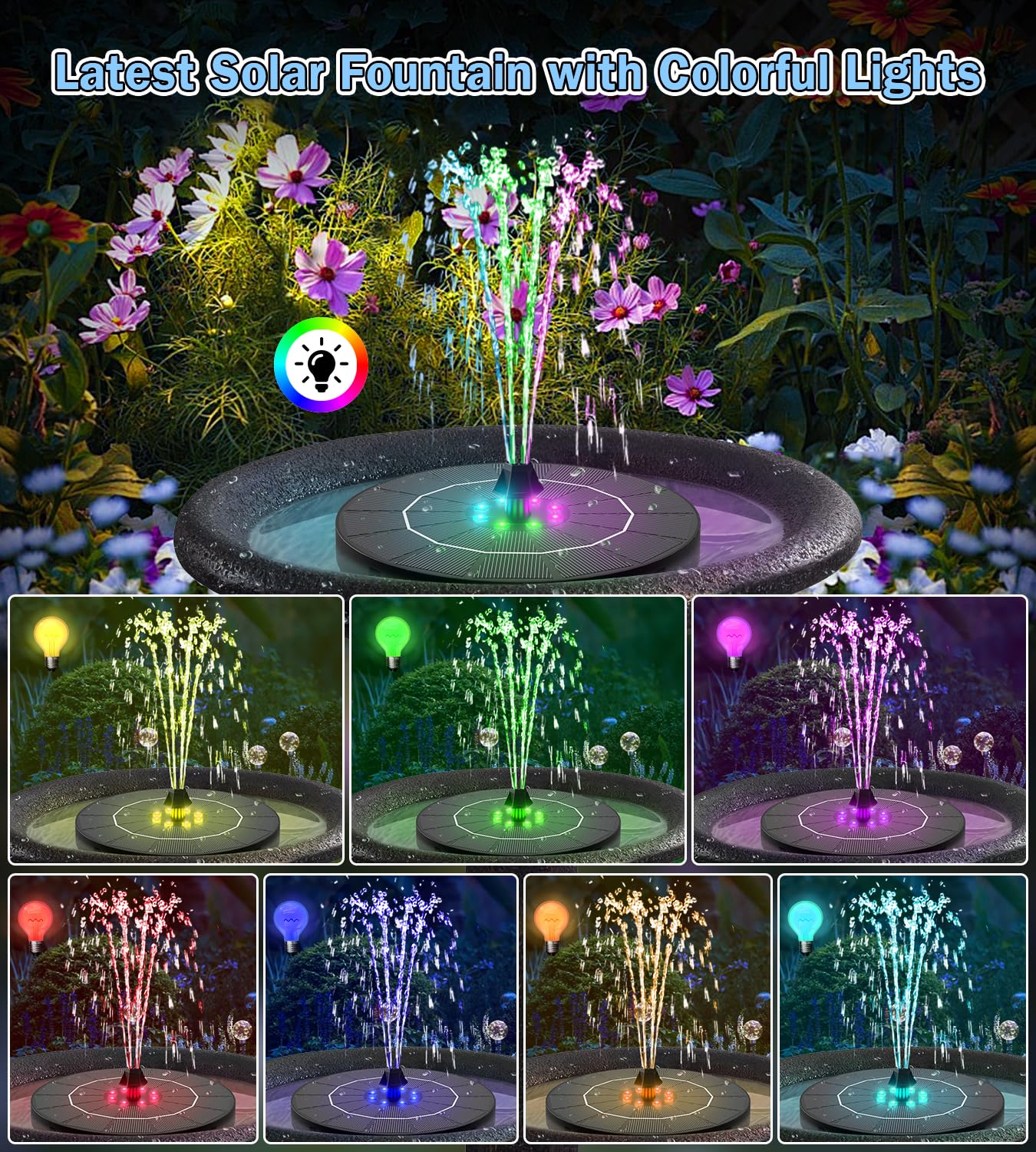 SZMP Solar Water Fountain, 2026 Upgrade 3.5W Solar Bird Bath Fountain Pump with Color LED Lights, 7 Nozzles & 4 Fixed Rods for Garden, Patio, Pond, Pool, Fish Tank, Outdoor Water Feature