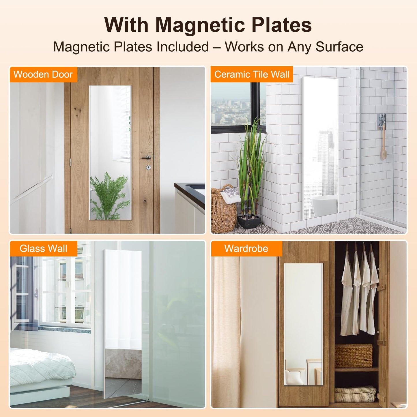 brisafe 55"x12" Magnetic Wall Mirror, Full Length Mirror with Tool-Free Installation, Shatterproof Nano Glass, Ultra Clear, Frameless Design for Bedroom, Closet, Door, Gym – Black