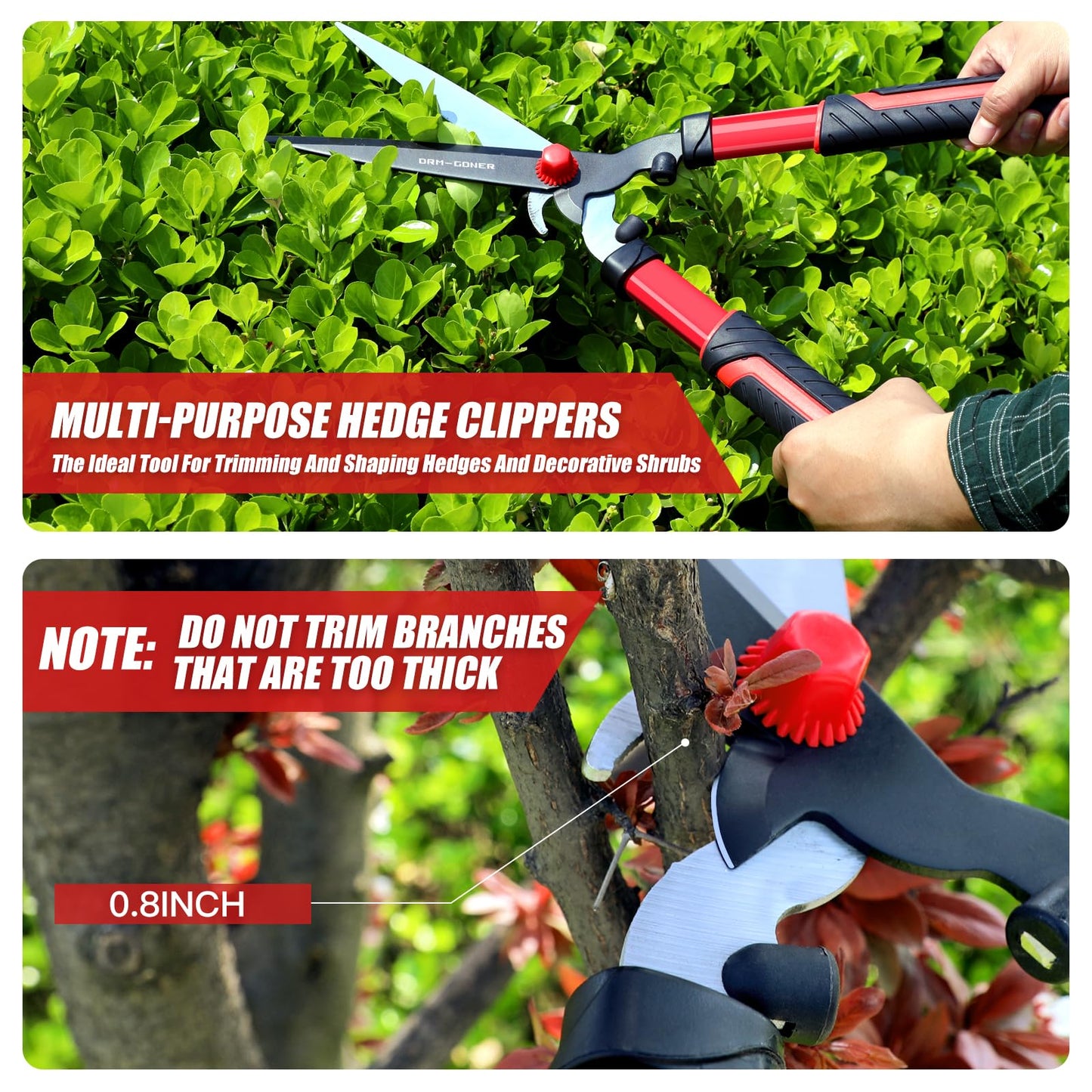 DRM-GDNER Garden Hedge Shear with Bypass Shear,Garden Hedge Trimmer with Shock Absorbing Cushion,Hedge Clipper for Trimming Border,Bush