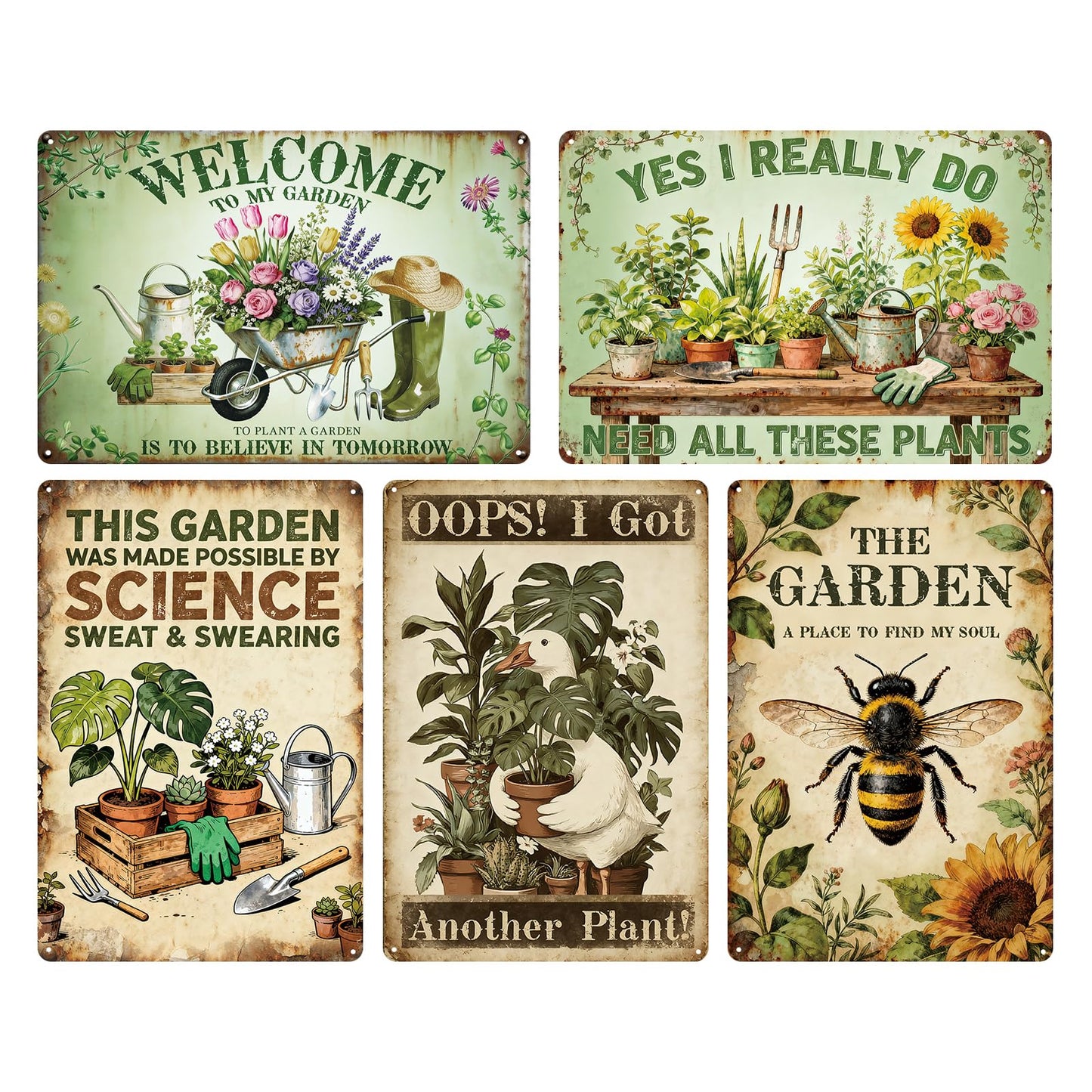 Gardening Gifts - 5 Pcs Unique Metal Garden Decor for Women, Mothers, Grandmas, and Plant Lovers, Garden Welcome Signs for Outdoor, Patio, Yard Decoration, 11.8" x 7.9" Inches