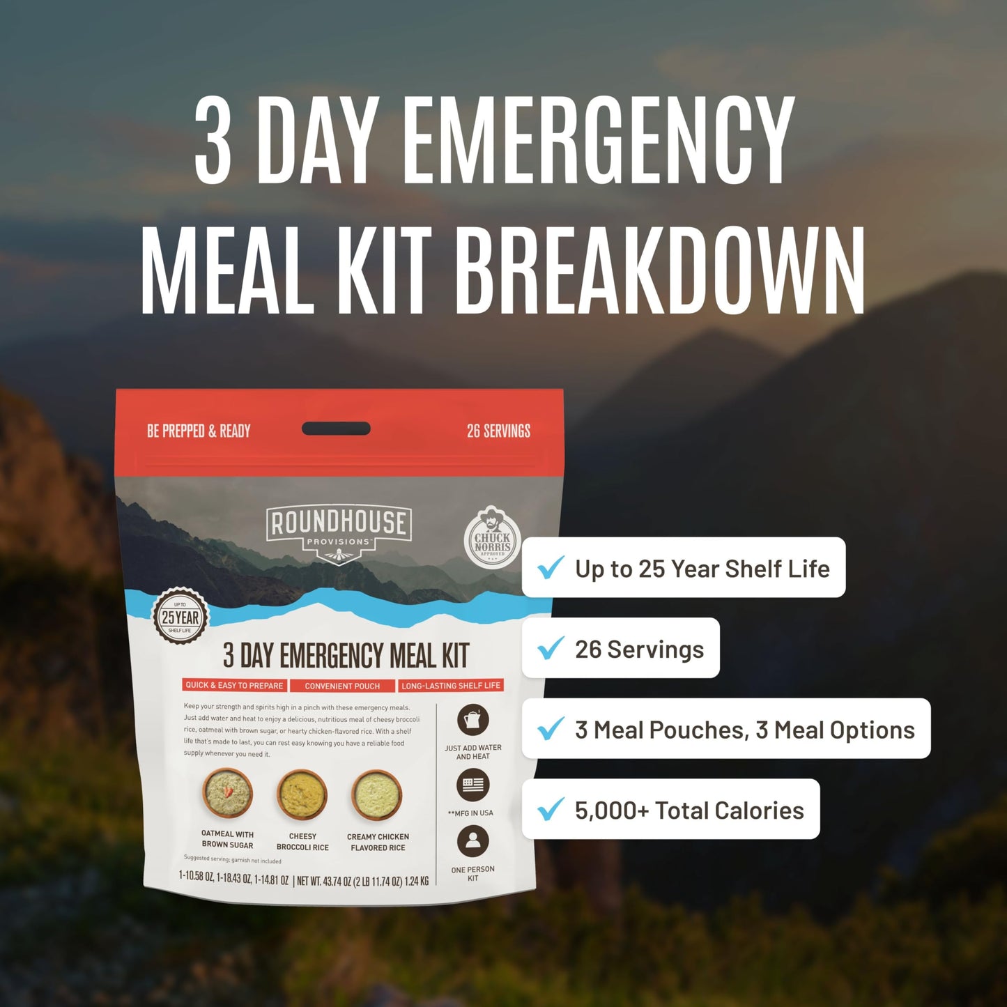 by Chuck Norris Roundhouse Provisions 3 Day, 26 servings Emergency Meal Kit, Grab-and-Go, Premade, Disaster Prep, Hiking, Survival, Adventure, Camping Food, 25 Year Shelf Life.