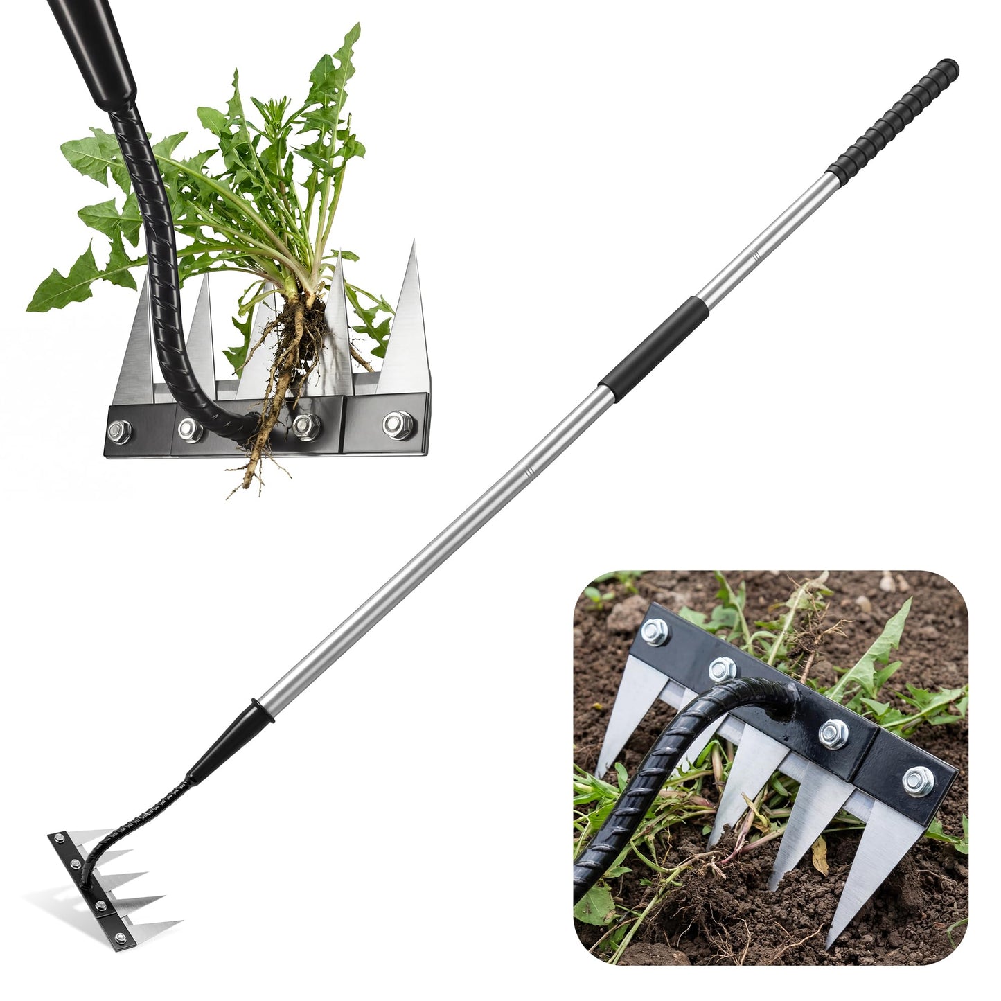 Iron Weeding Rake with Long Handle - Upgraded 5 Teeth Weed Puller Tool, Heavy Duty Manual Weeder Remover Tool for Weeding, Cultivating & Soil Aeration