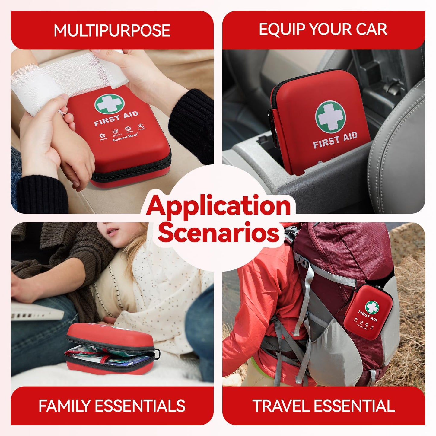 General Medi First Aid Kit - 170 Pieces Hard Case and Lightweight - Great for Travel, Home, Office, Vehicle, Camping, Workplace & Outdoor (Red)