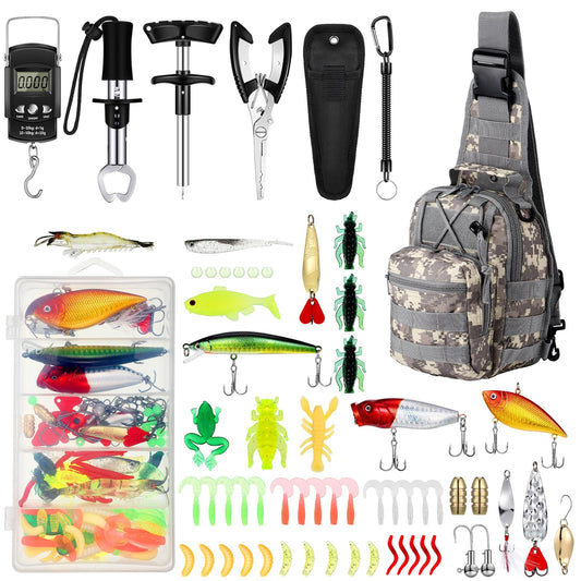Sosation 134 Pcs Fishing Tool Fishing Tackle Box Kit and Equipment for Adults Beginner Gift, Hook Remover, Pliers Kit, Backpack Tackle Container Lures, Lip Gripper, Weigh Scale(Digital Pattern)