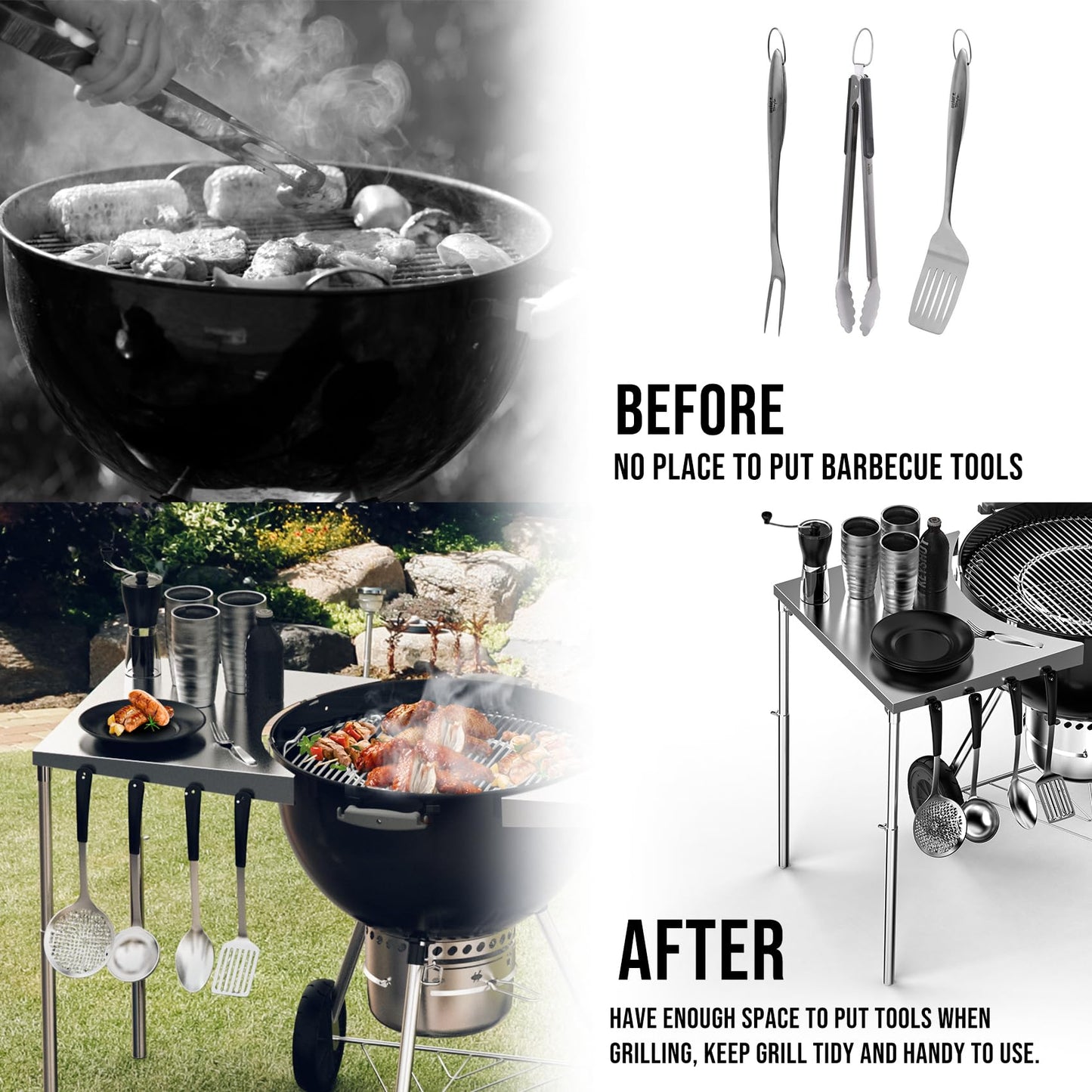 Charkettle Stainless Steel Kettle Grill Side Table/Shelf, Compatible with Weber 18"/22" Grills, Charcoal Kettle Grill Accessories with Adjustable Height
