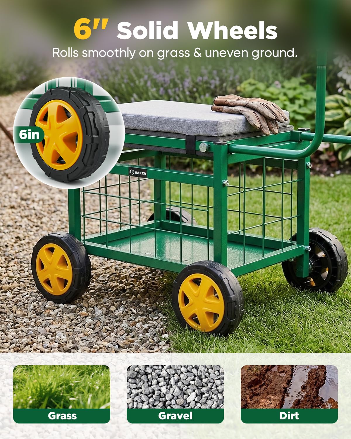 Saker Rolling Garden Cart with Seat & Wheels - 15.7'' EVA Padded Rolling Stool, 500 lb Steel Frame, Large Storage Basket - Garden Wagon Workseat for Patio Lawn Yard (Luxury Version)
