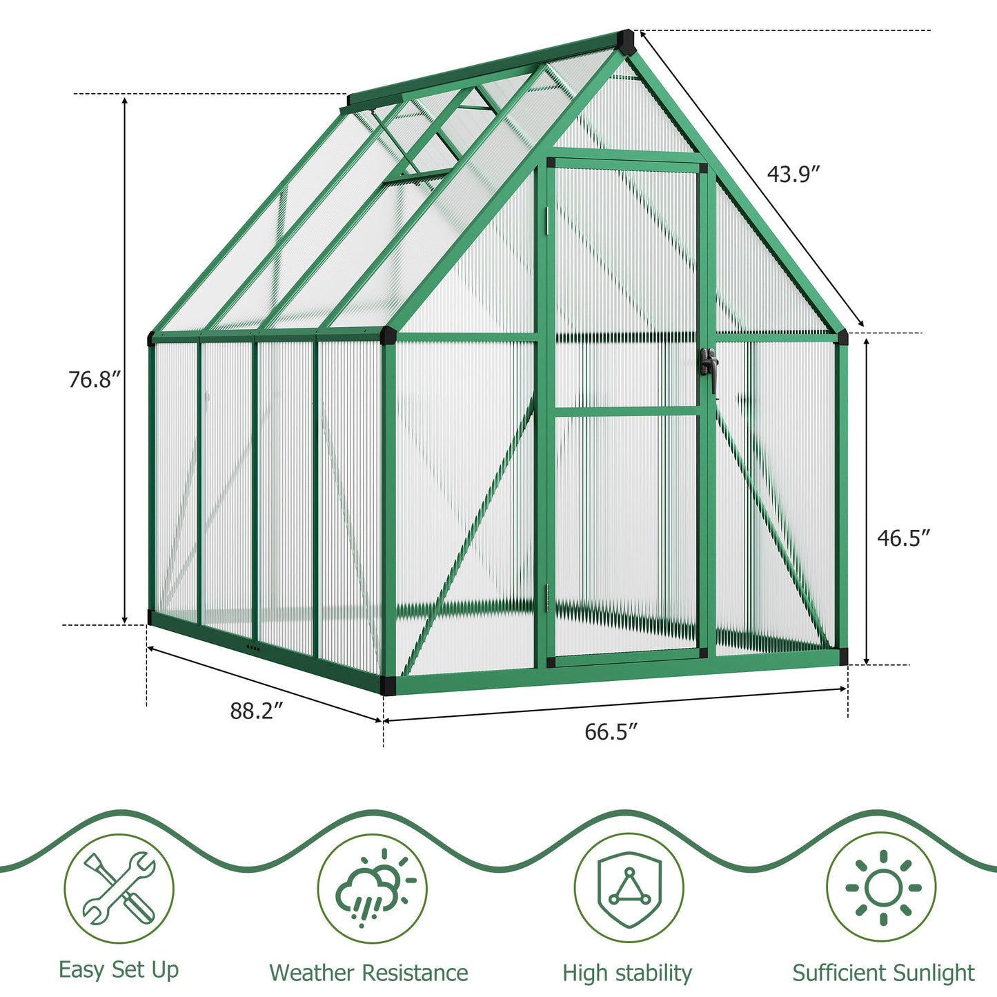 CABIHOME 6x7 FT Outdoor Greenhouse, Polycarbonate Greenhouse with Roof Vent and Ground Nails, Aluminum Large Walk-in Green House w/ Lockable Push Door for Outside Garden Backyard (Green, 6x7 FT)