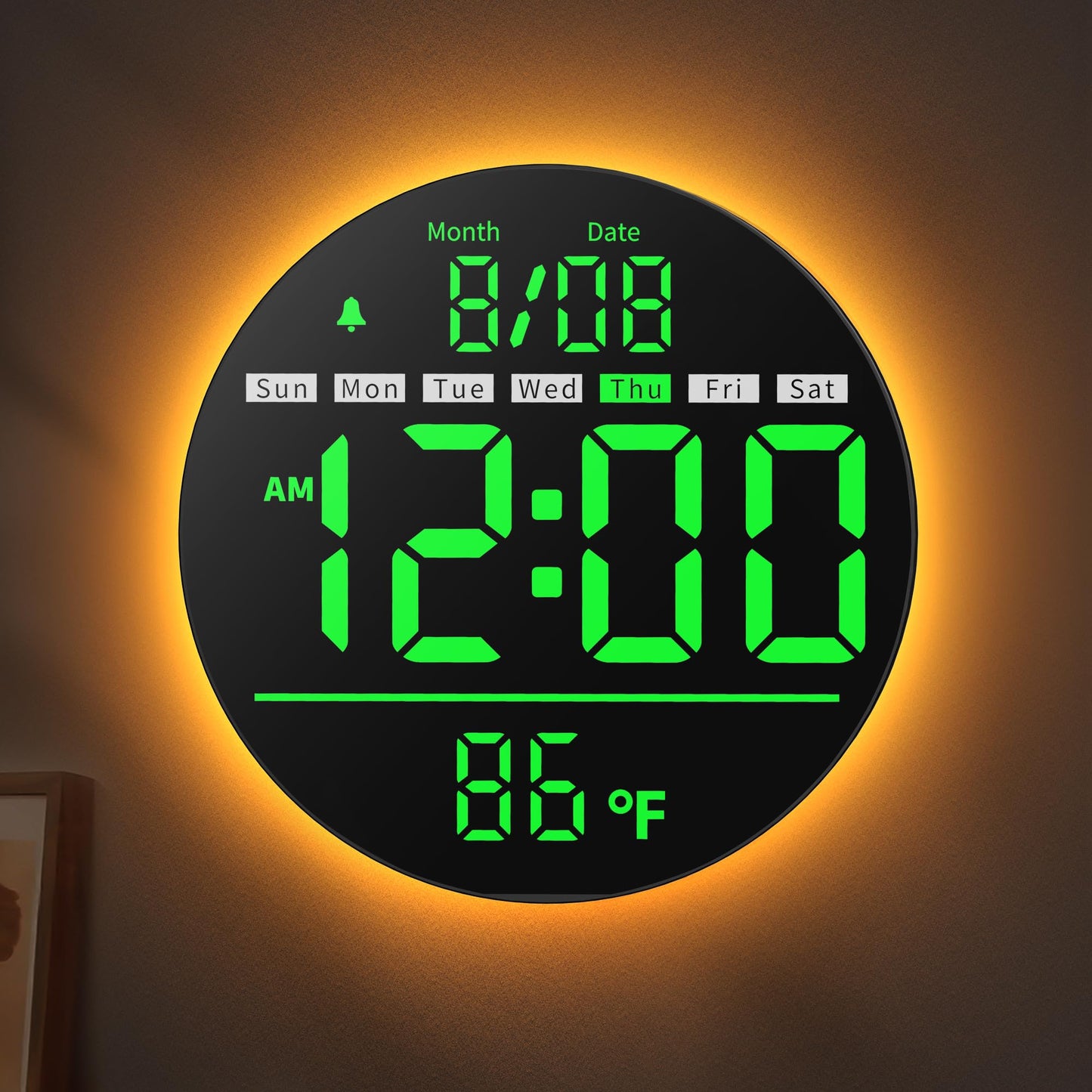 Jassurance 8in Round Digital Wall Clock, Large LED Display, Auto DST, Temperature, Alarm Clocks for Living Room, Bedroom, Office, Classroom, Gym Countdown Timer