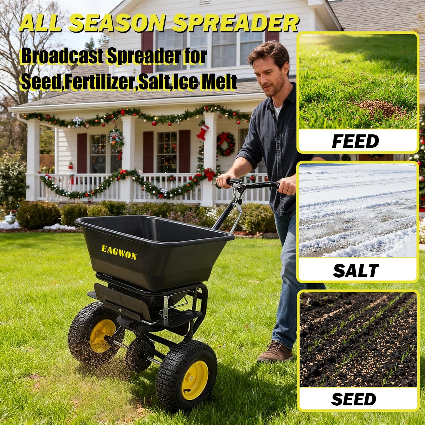 EAGWON Salt Spreader, Walk-Behind Push Broadcast Spreader - Commercial All Season, 100lb Capacity, 13in All-Terrain Pneumatic Tires, Grate/Cover/Enclosed Gearbox, for Seed/Fertilizer/Salt/Snow Melt