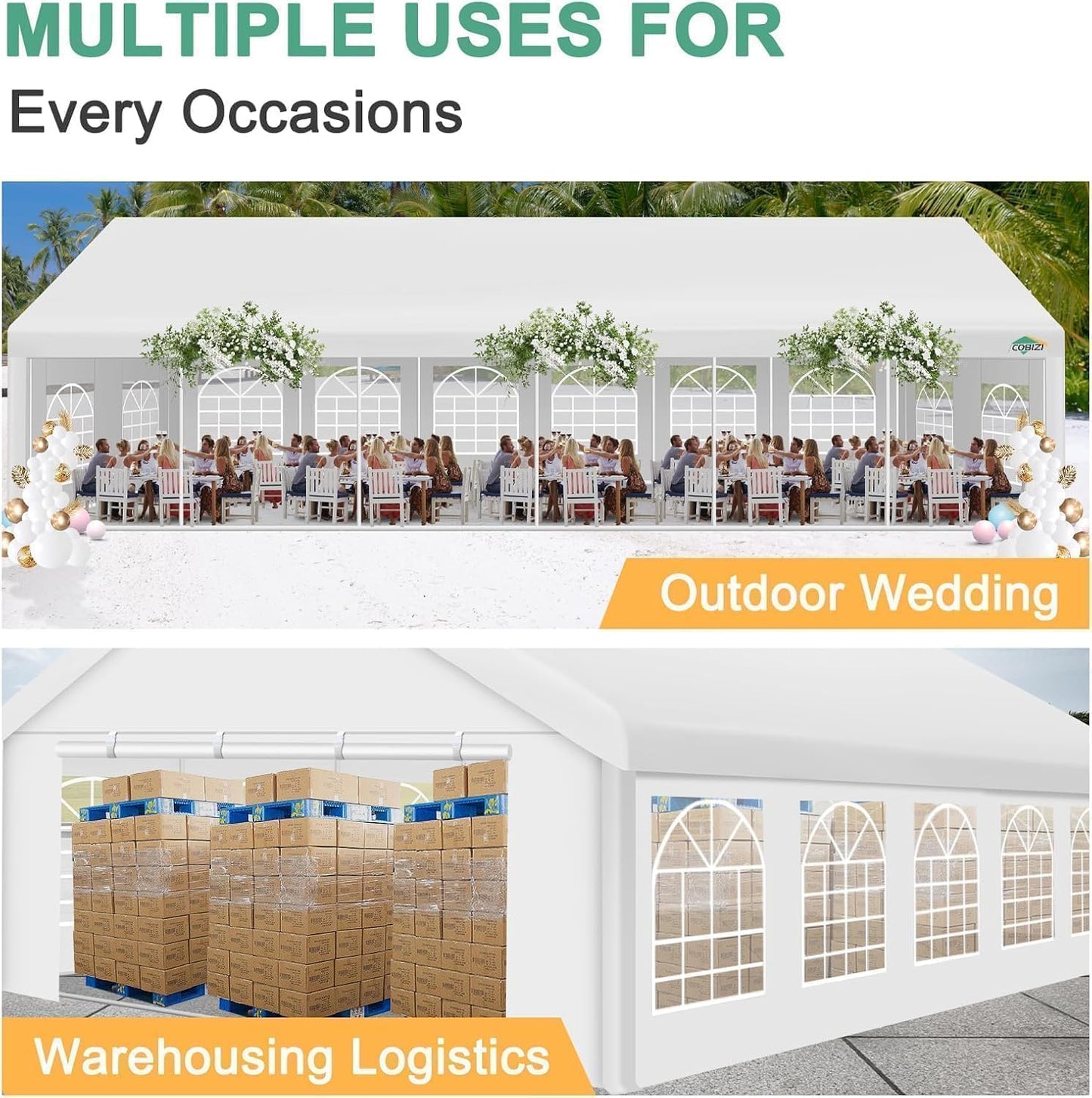 COBIZI 20x40FT Party Tent Heavy Duty Outdoor Gazebo with 12 Sidewall & 16 Church Windows, White Event Shelter Wedding Canopy Tent for Parties BBQ, Powder Coating (Better Than Galvanized)