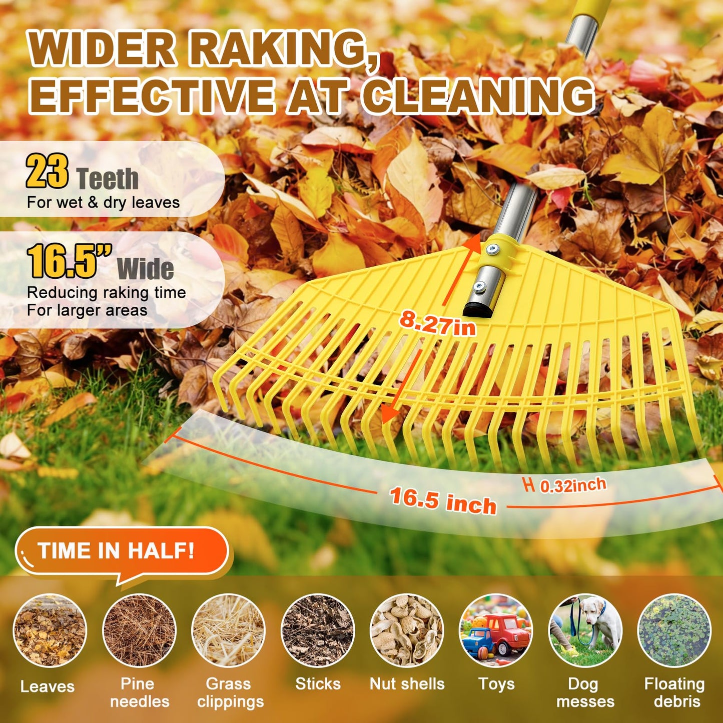 Leaf Rake - 16.5" Wide Nylon Plastic Head,65" Adjustable Handle,Heavy Duty for Leaves,Grass,Pine Needle,Mulch, Small Debris,Lawn-Friendly Tines,Lightweight for Women,Seniors & Kids