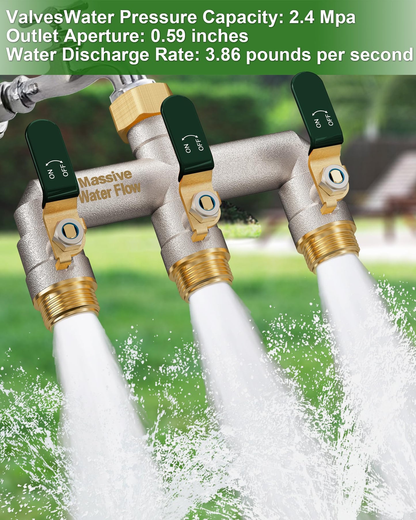 Garden Hose Splitter 3 Way Heavy Duty Brass Nickel Plated Hose Splitter with Large Handle, Full Flow Water Hose Spigot Splitter with Shutoff Valve, T Adapter Connector, 3/4 - Inch GHT Thread（Green）