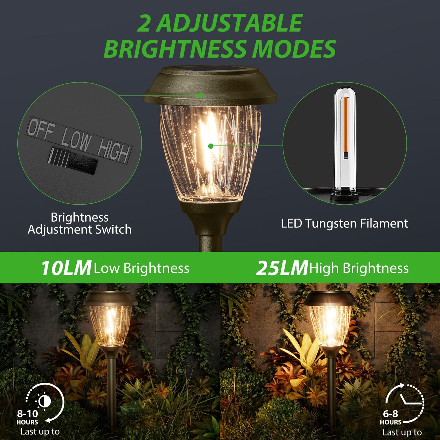 XMCOSY+ Solar Pathway Lights - Durable Glass & Stainless Steel, 10/25 LM Brightness, 2 Adjustable Modes, Waterproof LED Garden Lights for Yard, Lawn, Driveway, Walkway & Landscape Decor (Warm White)
