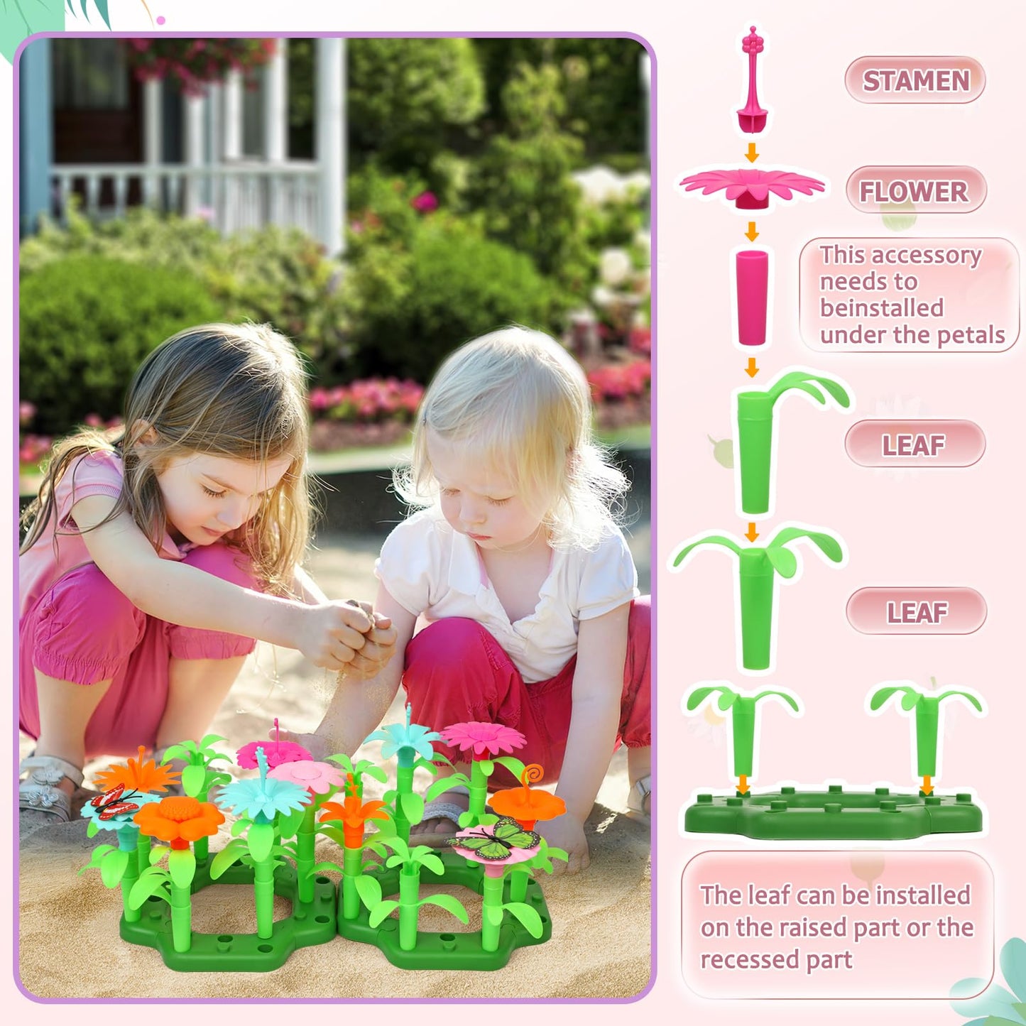 Qtioucp 16Pcs Kids Gardening Tools Outdoor Toys Set Backyard Play with 93 PCS DIY Flower Garden Building Preschool Activities (Pink)
