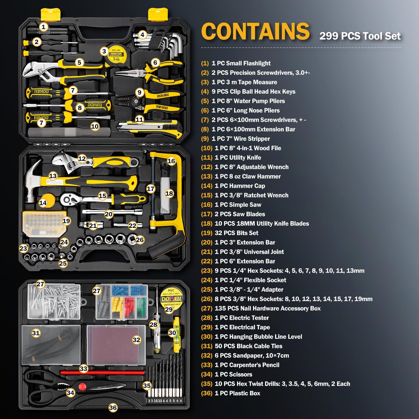 DOWELL 299-Piece Professional Hand Tool Set, Ultimate Drawer Toolbox with Sockets, Pliers, Hex Keys, Screwdrivers for Home, Auto Repair, Workshop & Emergency DIY