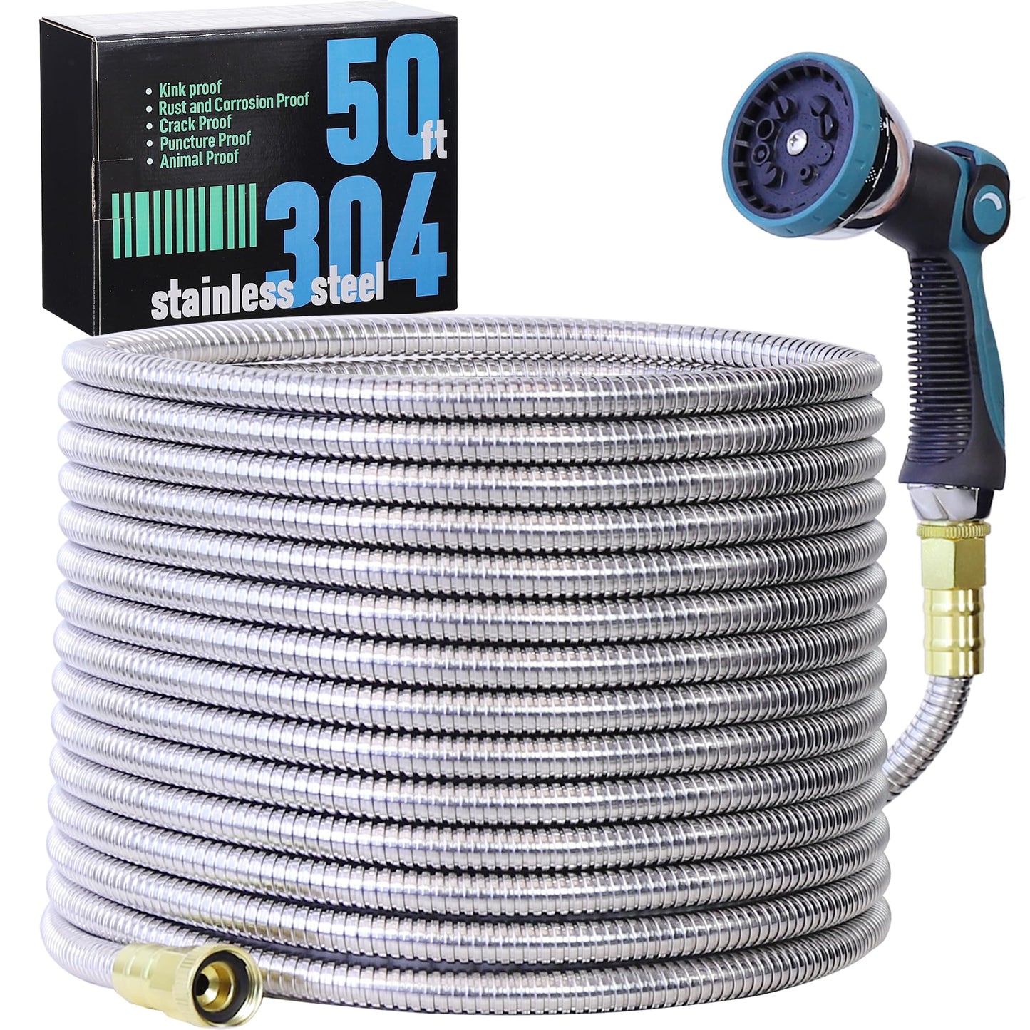 Numwot 50FT Garden Hose, 304 Stainless Steel Water Hose, Flexible with a 10-Mode Nozzle Sprayer, No Kink, Lightweight, Puncture Proof, Ideal for Yard, Lawn, Outdoor, 5/8" Outside Diameter