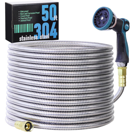 Numwot 50FT Garden Hose, 304 Stainless Steel Water Hose, Flexible with a 10-Mode Nozzle Sprayer, No Kink, Lightweight, Puncture Proof, Ideal for Yard, Lawn, Outdoor, 5/8" Outside Diameter
