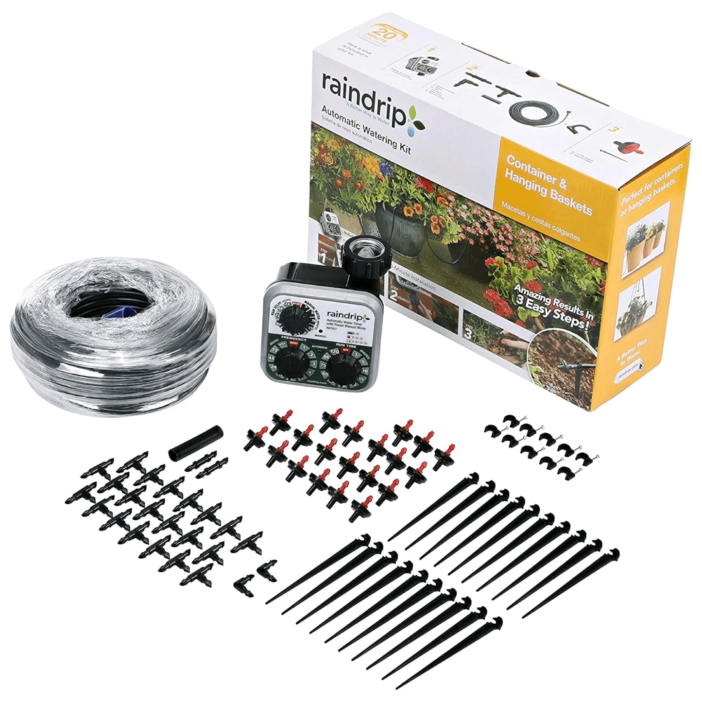 Raindrip R560DP Drip Watering System, Automatic Drip Irrigation System with Timer for Containers and Hanging Baskets, Waters up to 20 Plants, Includes 20 Drippers, Black