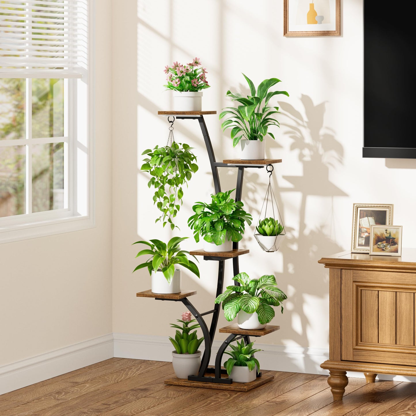 MOSTWOGO Plant Stand with Grow Light for Indoor Plants, 6 Tiered Metal Plant Shelf, 45" Indoor Plant Rack with 7 Shelves and 2 Hooks, Modern Corner Plant Holder for Living Room Balcony Bedroom, Black