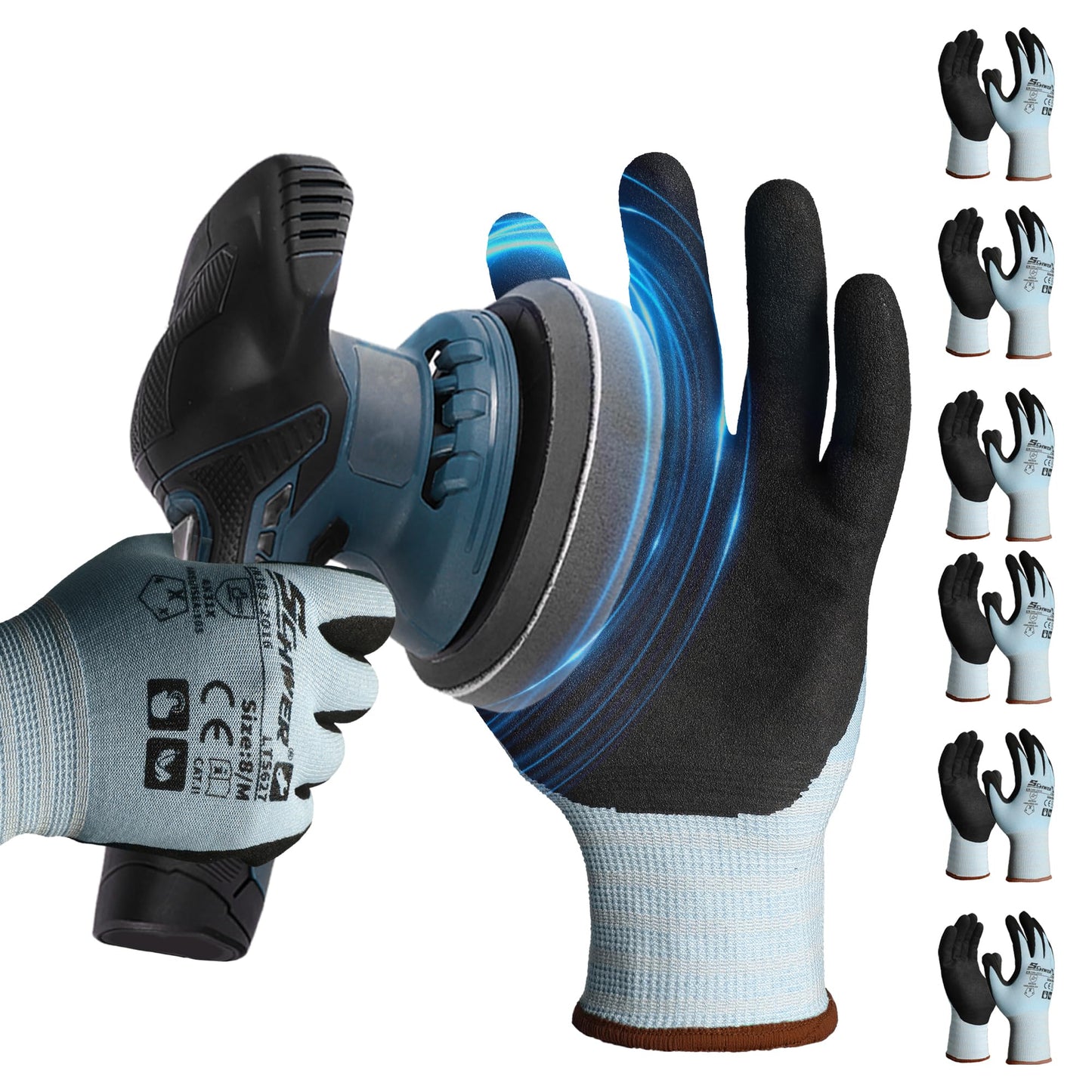 Schwer 6 Pairs Safety Work Gloves with Sandy Nitrile Coating, Extreme Fiber-Abrasion Resistance(Level 6-Certified) Heavy Duty Working Glove with Grip for Men Women, A2 Cut Glove, for Construction, M