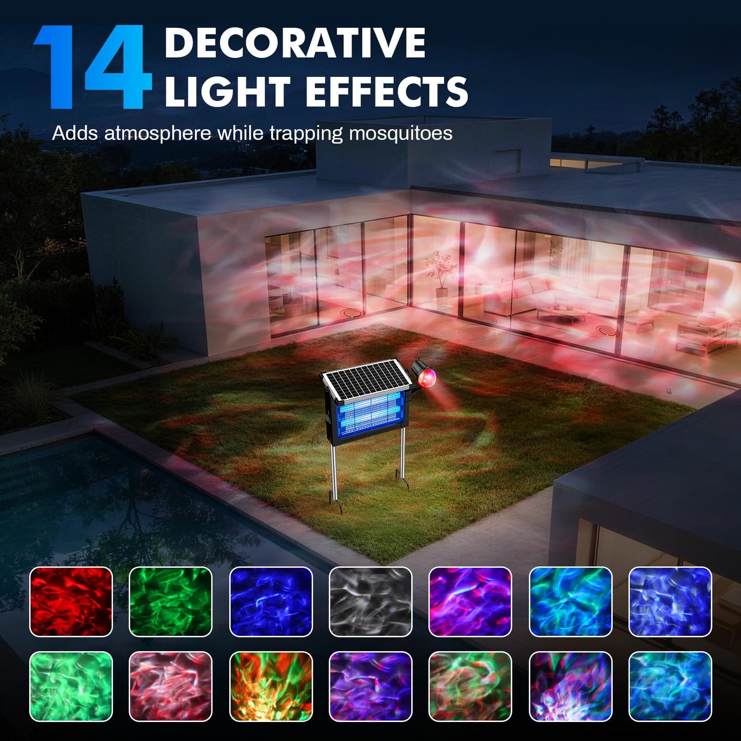 Solar Bug Zapper Outdoor, Jinyeda 2 in 1 Water Wave Projector & Mosquito Zapper, 4500V Powerful Electric Mosquito Killer, 4000mAh Battery, Cordless Fly Insect Zapper Waterproof for Patio Garden