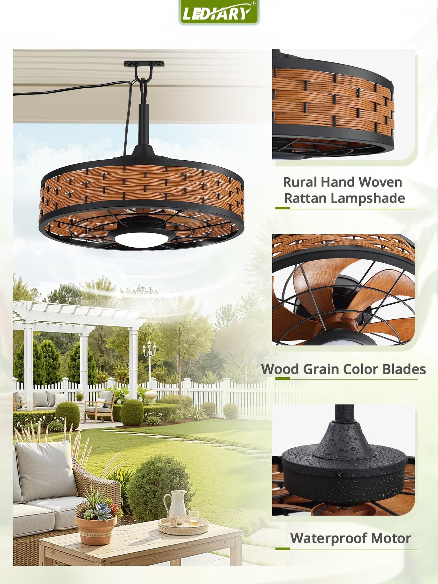 LEDIARY 20" Outdoor Ceiling Fans with Light for Patios, IP65 Waterproof Gazebo Fan, Boho Rattan Plug in Ceiling Fan Remote&APP Control, 3CCT Dimmable, 6-Speeds, Caged Fan for Gazebo,Patio,Porch