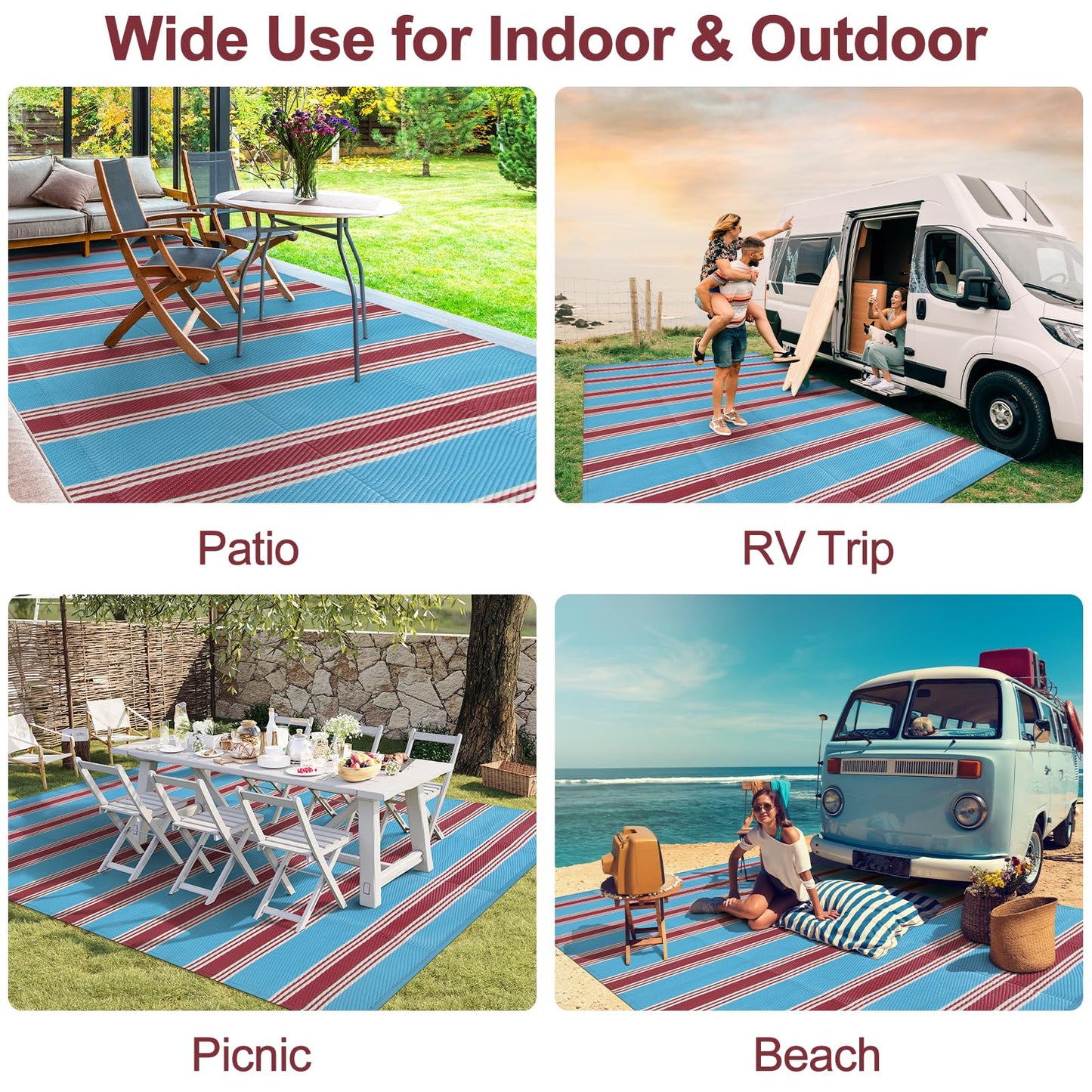 Lahome Striped Outdoor Rug 8x10 Patio Waterproof, Reversible Outdoor Plastic Straw Rug for Camping, RV Patio Rugs Outside Large Carpet for Porch Deck Backyard Picnic(Blue/Red,8'x 10')