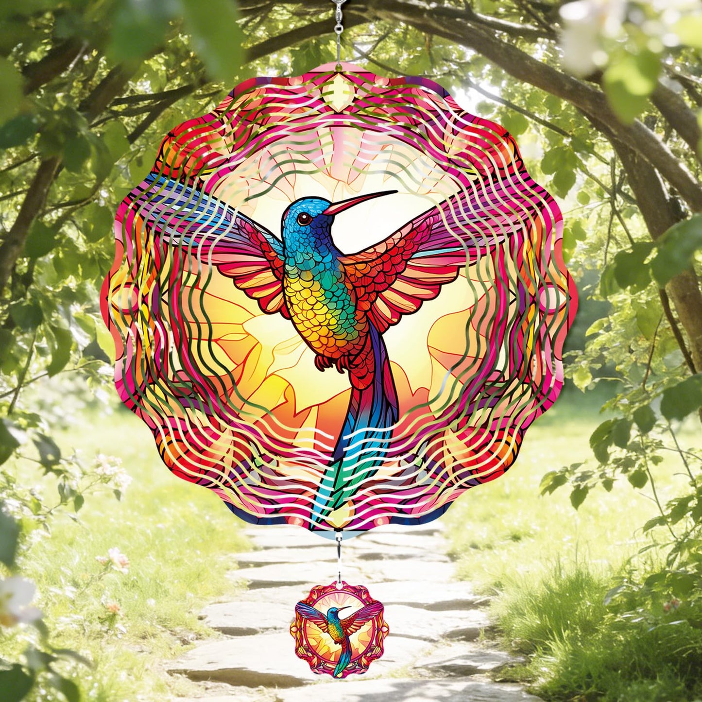 Riletese Hummingbird Wind Spinner Outdoor - 12 Inch Floral Hummingbird Hanging Decor, 3D Kinetic Iron Metal Bird Wind Spinner Gift for Women Mom Wife, Hanging Yard Art for Garden Patio Balcony