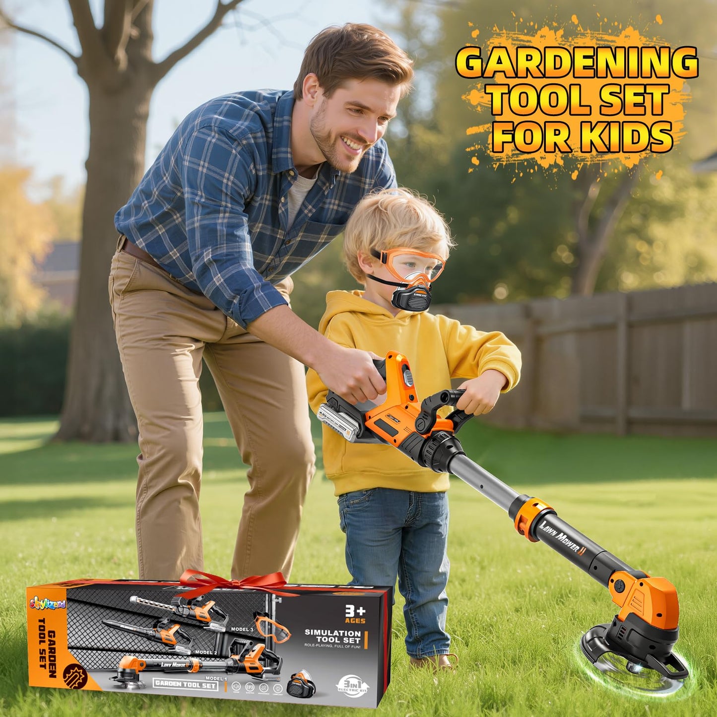 Kids Tool Set, 3 in 1 Kids Power Garden Tools with Sounds & Lights, Toy Weed Wacker, Toy Leaf Blower and Hedge Trimmer, Outdoor Toys, Toy Tools, Christmas Birthday Gifts for Boys 3 4 5 6 7 8 Year Old