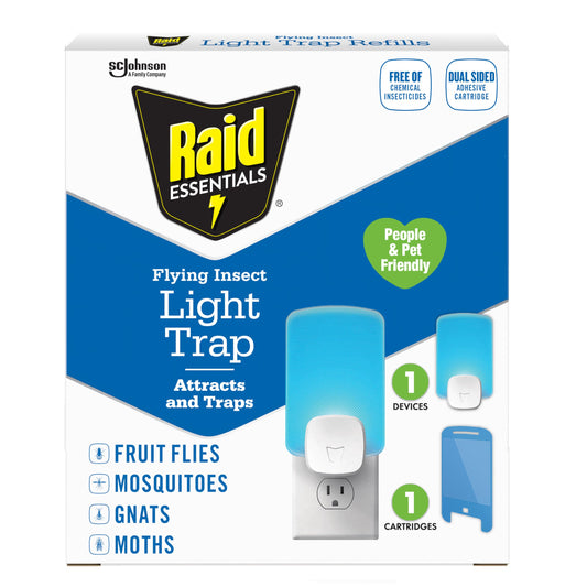 Raid Essentials Flying Insect Light Trap Starter Kit, 1 Plug-in Device + 1 Cartridge, Featuring Light Powered Attraction