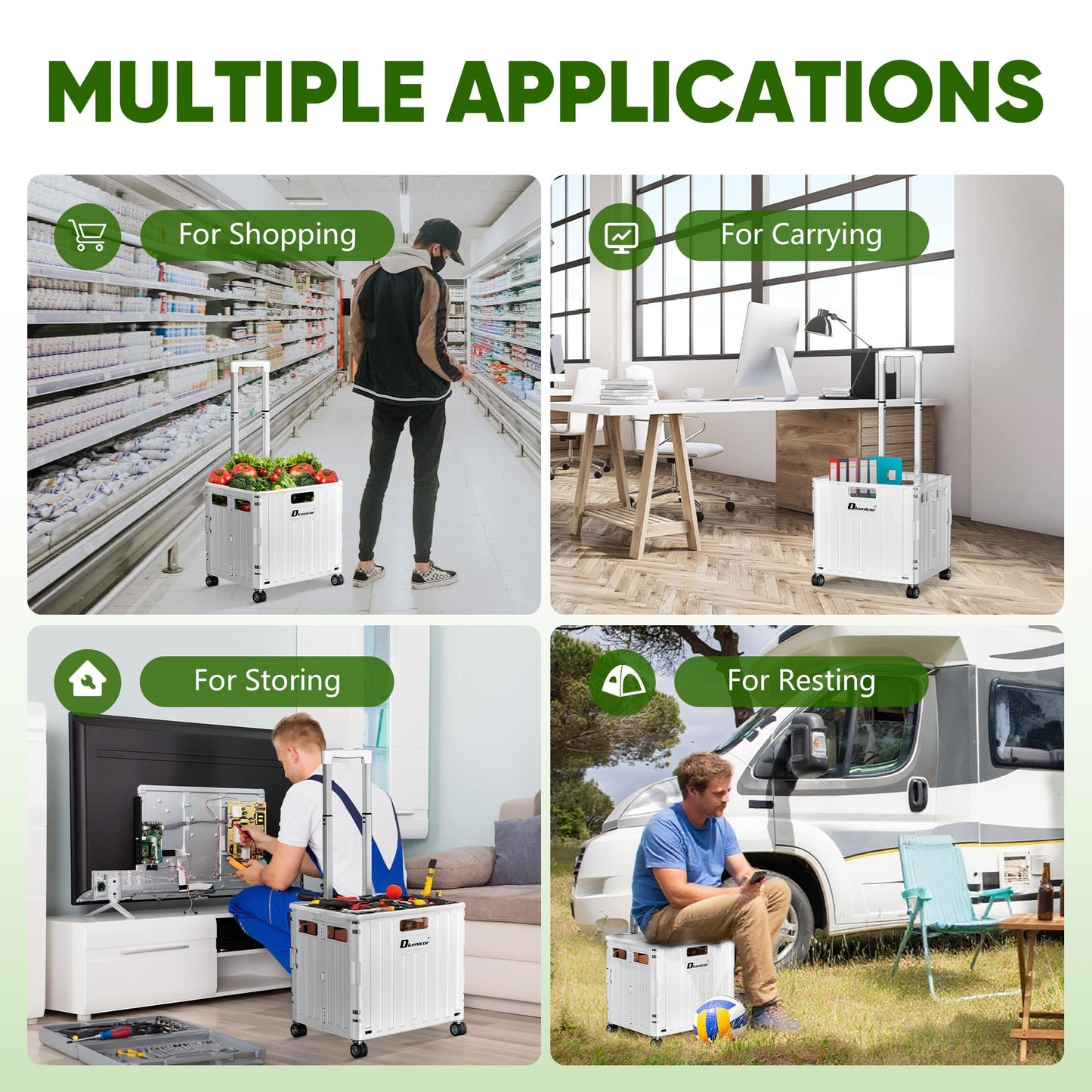 Dkenicor Folding Utility Cart, Portable Rolling Crate Handcart Collapsible Shopping Trolley with Lid, Foldable Tool Box Basket with 4 Rotate Wheels for Grocery, Office, Luggage, School - White