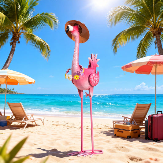 Natelf Flamingo Metal Garden Statue Outdoor Pink Hawaii Flamingo Yard Art Sculpture Decor with Flower Lei & Straw Hat, Waterproof Rust-Proof Lawn Decor for Patio, Poolside, Tropical Party