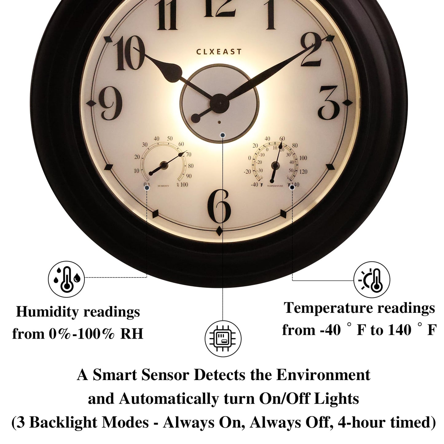 CLXEAST 24 Inch LED Self-Illuminated Outdoor Metal Clocks Waterproof, Large Lighted Outdoor Clock with Temperature and Humidity,Oil Rubbed Bronze Black,Spring Garden Decor