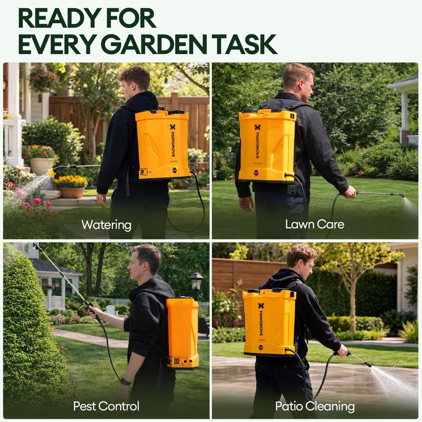 MAYGROVE 4.2 Gal Electric Backpack Sprayer, 2-4h of Continuous Spray, Equipped with Adjustable Wand & 5 Nozzles, Auto Spraying for Garden, Lawn Care, Fertilizing & Weed Control (Battery Included)