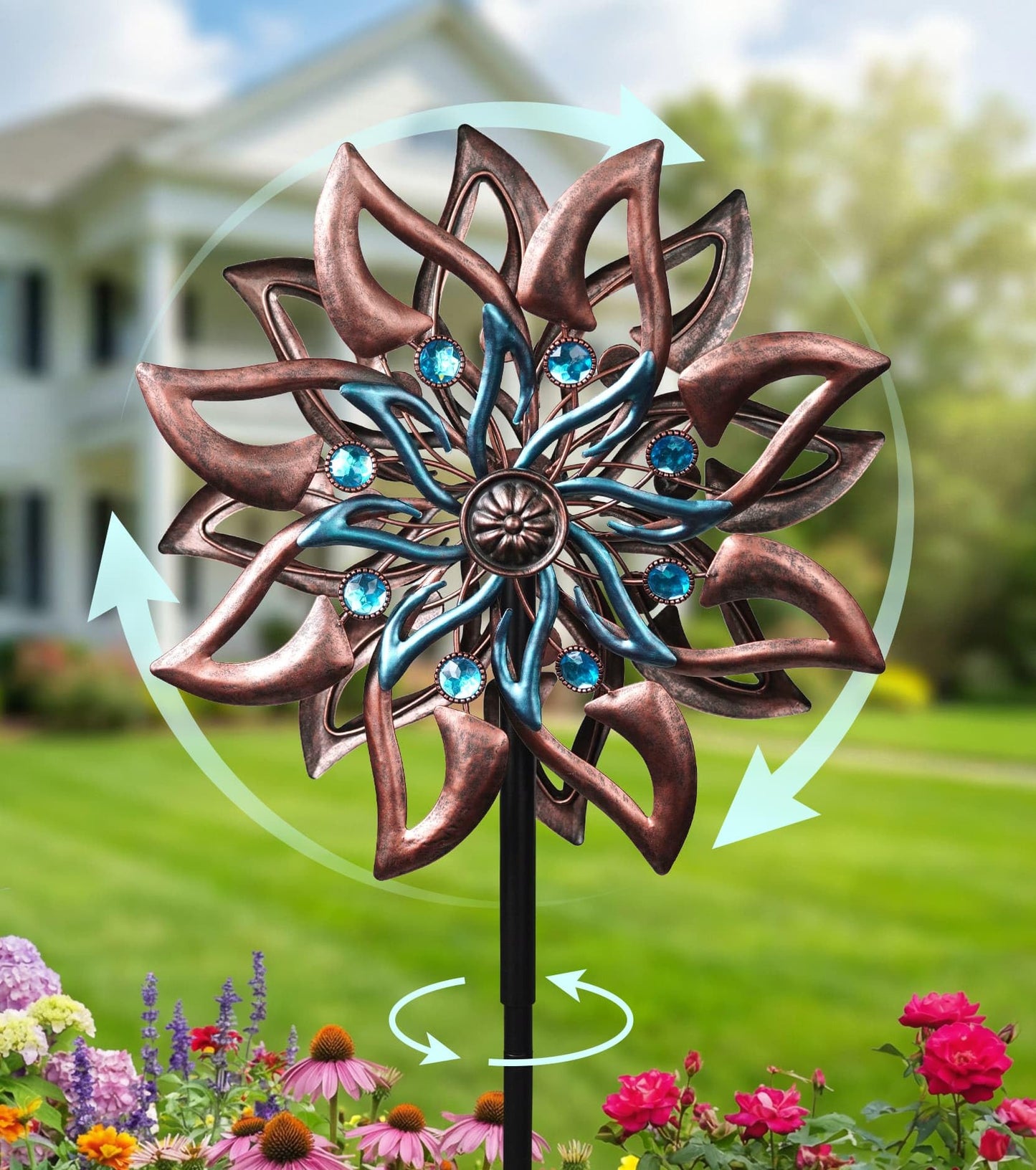 VUFOZ 360° Garden Wind Spinner for Outdoor Yard Art – W13xH64 Kinetic Windmill for Garden, Lawn, and Patio – Dahlia-Inspired Copper and Teal Wind Spinners Outdoor Decorative Yard Art
