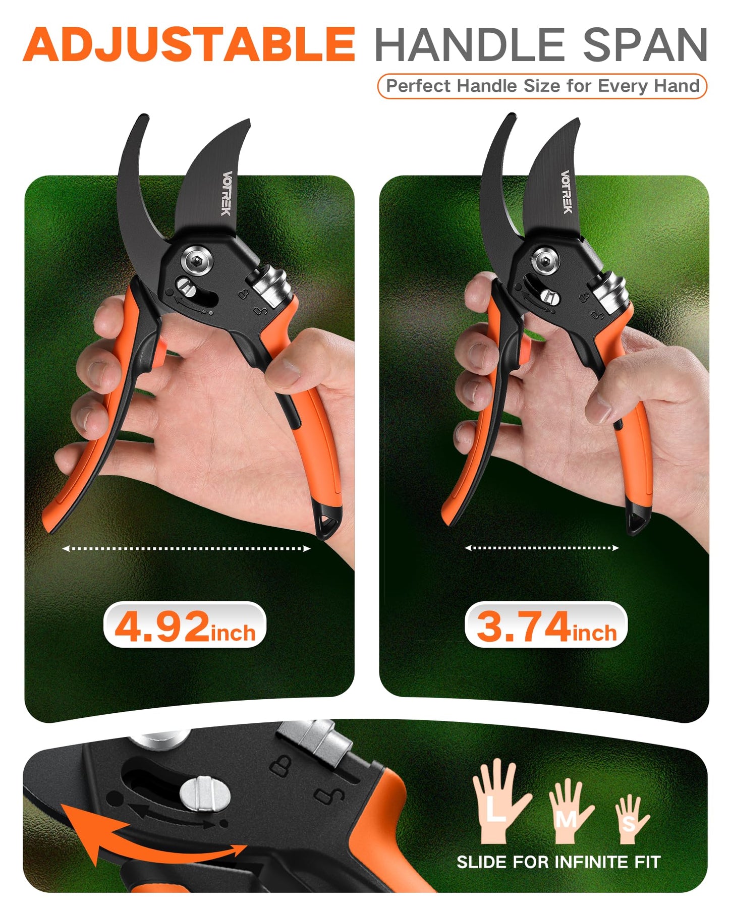 VOTREK 8.5" Pruning Shears for Gardening, 【Unique Stepless Handle Opening】Professional Bypass Garden Clipper, Heavy Duty Plant Pruners for Branch 【SK5 Steel Blades】【All Hand Sizes】,Bright Orange