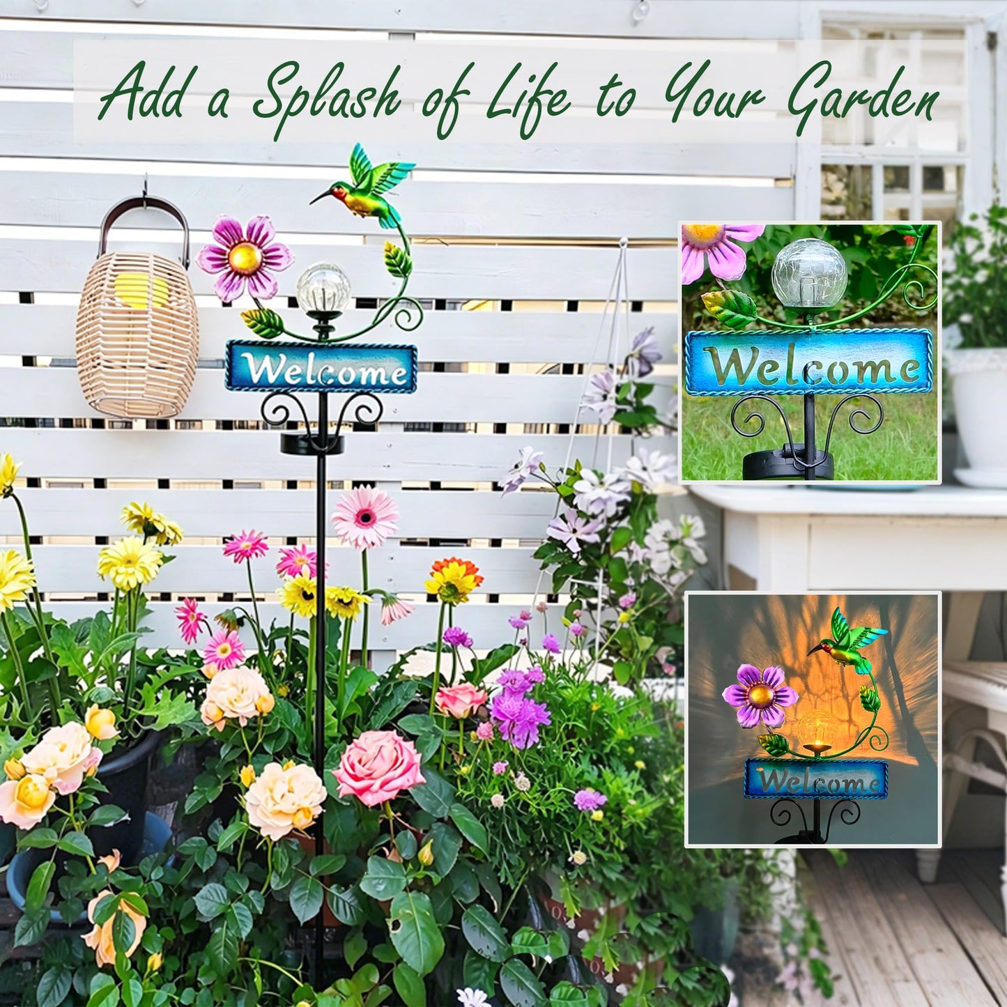 FOMOMDI Hummingbird Garden Decorations for Outside, Solar Waterproof Stake Lights with Welcome Sign for Yard Lawn Patio Pathway, Warm Gifts for Mom Grandma Housewarming (Hummingbird)