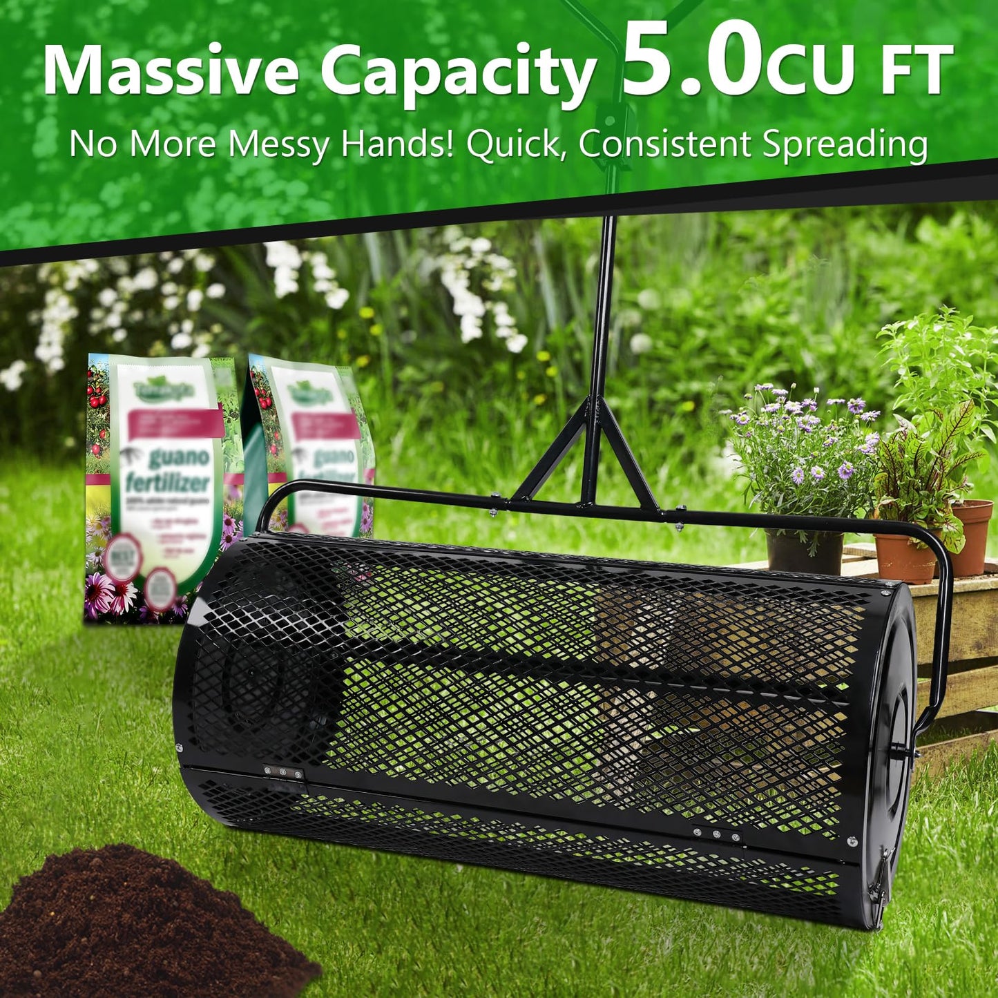 Compost Spreader 44 Inch Push/Tow Peat Moss Spreader with Installation Support, Powder-Coated Metal Mesh Roller Spreader for Manure , Lawn Care, Garden Spreading, Top Dressing & Mulch - Soil Spreader