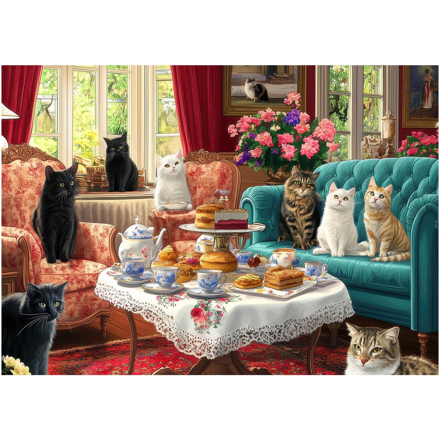 Cat Afternoon Tea Puzzles for Adults 1000 Pieces, Vintage Cat Jigsaw Puzzle with Letters on Back, 28x20 Inch Wall Art, Hard Challenging Family Game, Easter