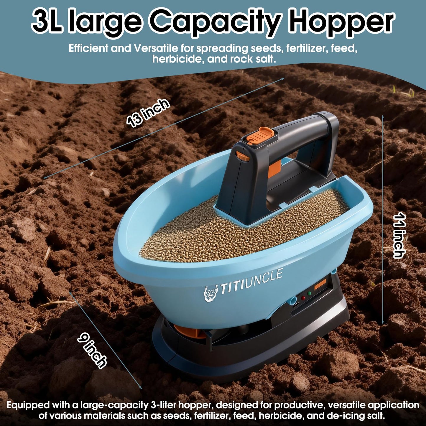 3L Electric Seed Spreader Handheld for Lawns, 7.2V Battery Powered 135° Fertilizer/Grass Seed/Salt/Ice Melt Spreader Cordless Rechargeable, Large Capacity for 6400 Sq.Ft, 7 Settings/5 Angles Adjust