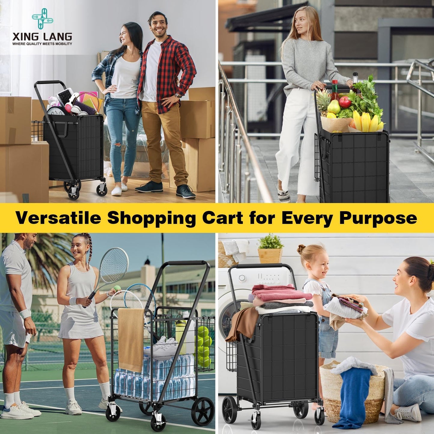 XING LANG 4.5 Cu Ft Folding Shopping Cart - 420 LB Capacity Grocery Cart with 360° Braked Swivel Wheels - Heavy Duty Utility Cart with Double Basket & Removable Waterproof Liner with Lid for Laundry