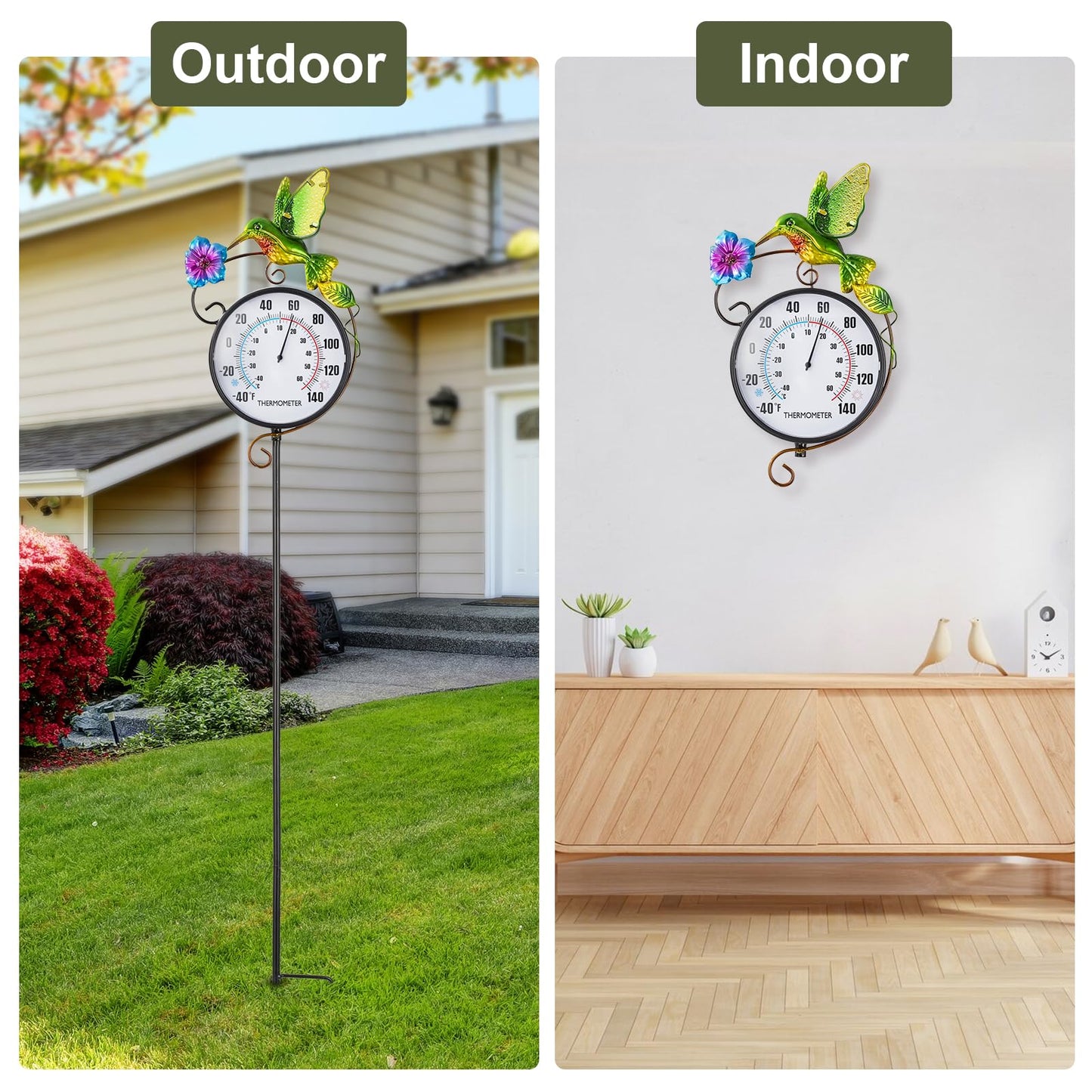 Outdoor Thermometer, Hummingbird Hanging Wall Thermometer & 42" Metal Garden Stake Outside Thermometers Waterproof Decorative for Patio,Lawn,Room,Greenhouse, No Battery Required Garden Gifts