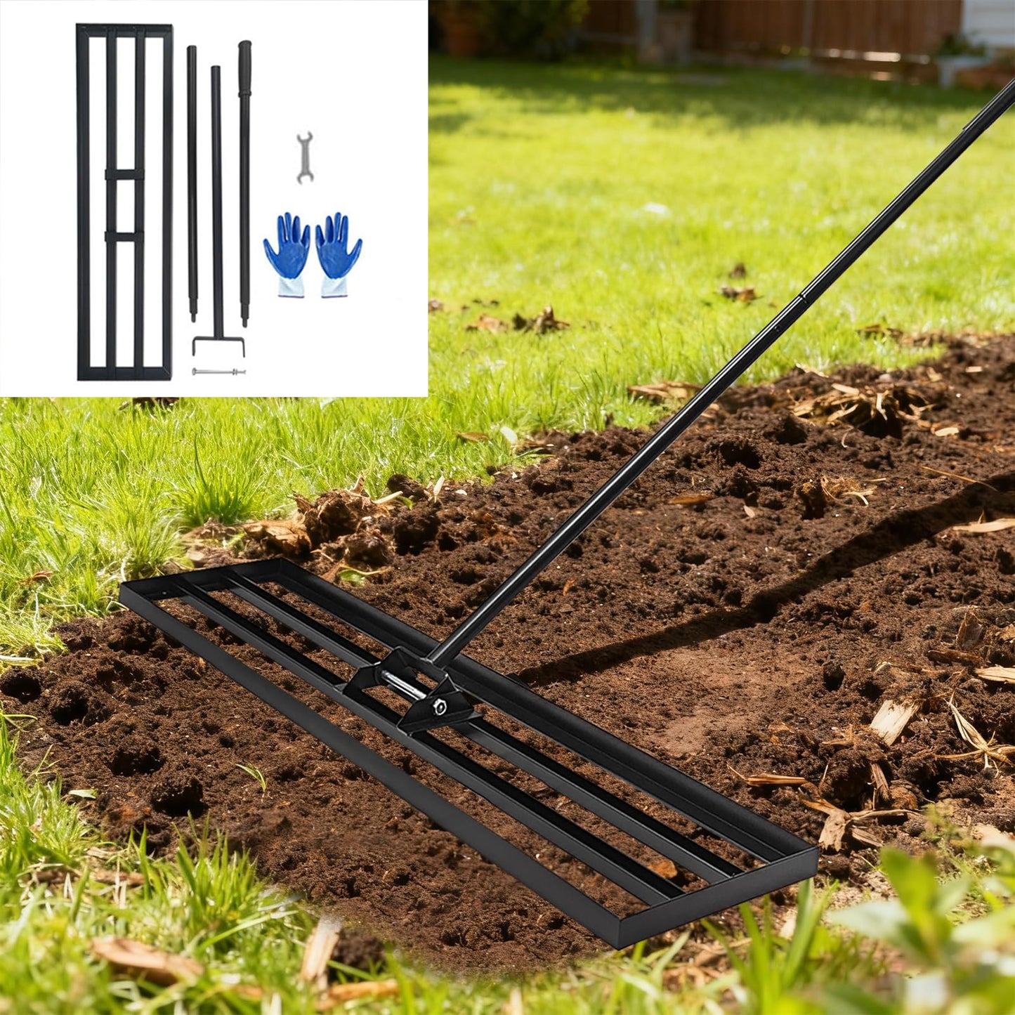 Eagwon 48"x10" Lawn Leveling Rake - High Carbon Steel Yard Lawn Leveler Tool with Adjustable Long Handle | Multi-Surface Levelawn Tool for Soil, Grass, Golf Course, Garden & Farm Care
