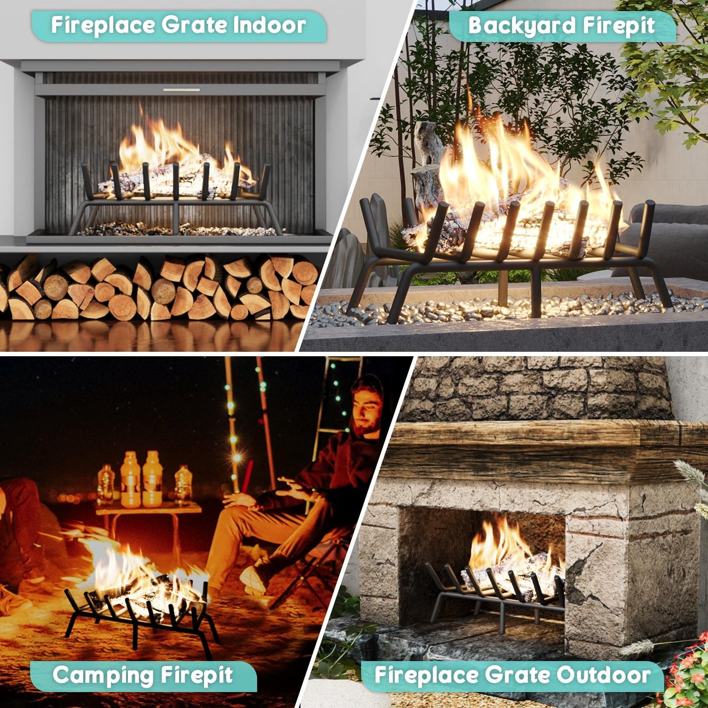 jkxoo 21-Inch Fireplace Grate, Heavy Duty 7-Bar Log Rack Holder Made of Solid Round Steel for Indoor/Outdoor Fire Pits, Wood Stoves & Kindling Tools